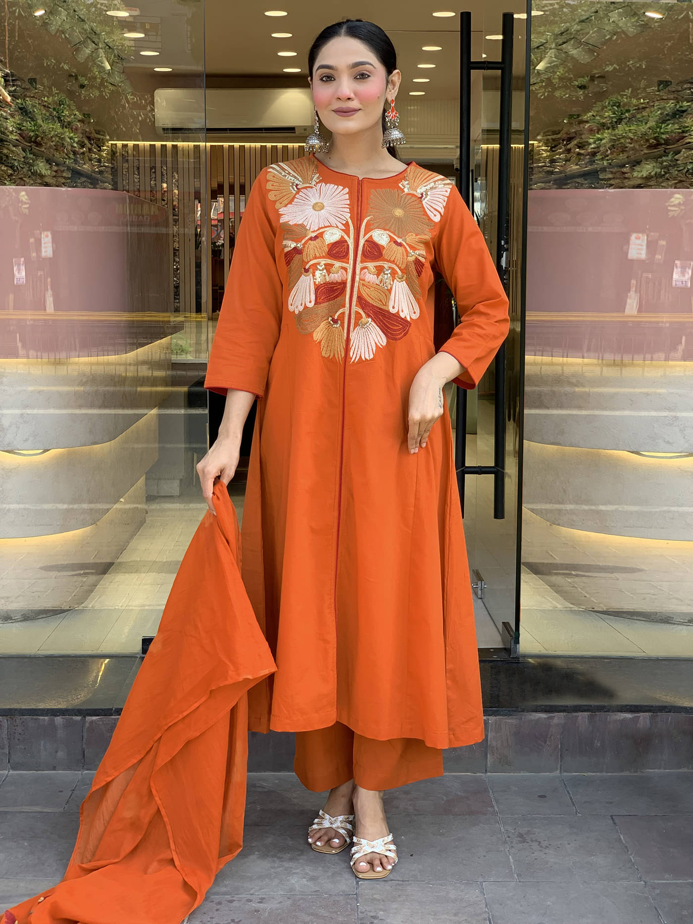     			kedar fab Women Cotton Blend Embroidered Anarkali Kurti With Palazzo ( Orange )