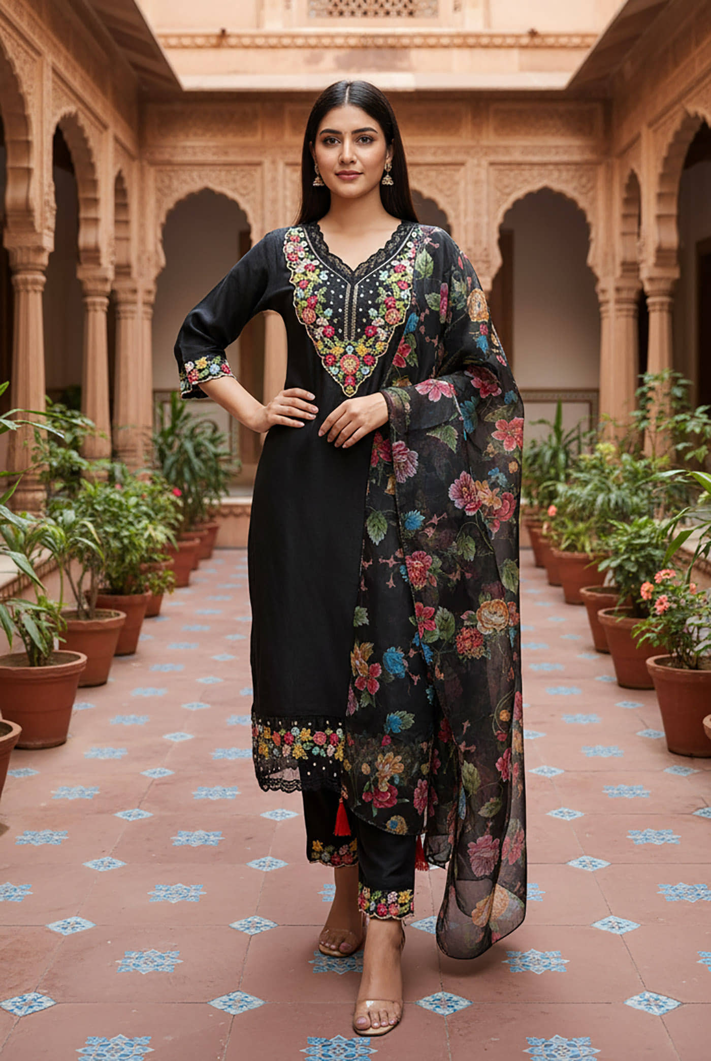 kedar fab Women Cotton Blend Embroidered A-line Kurti With Pants ( Black )