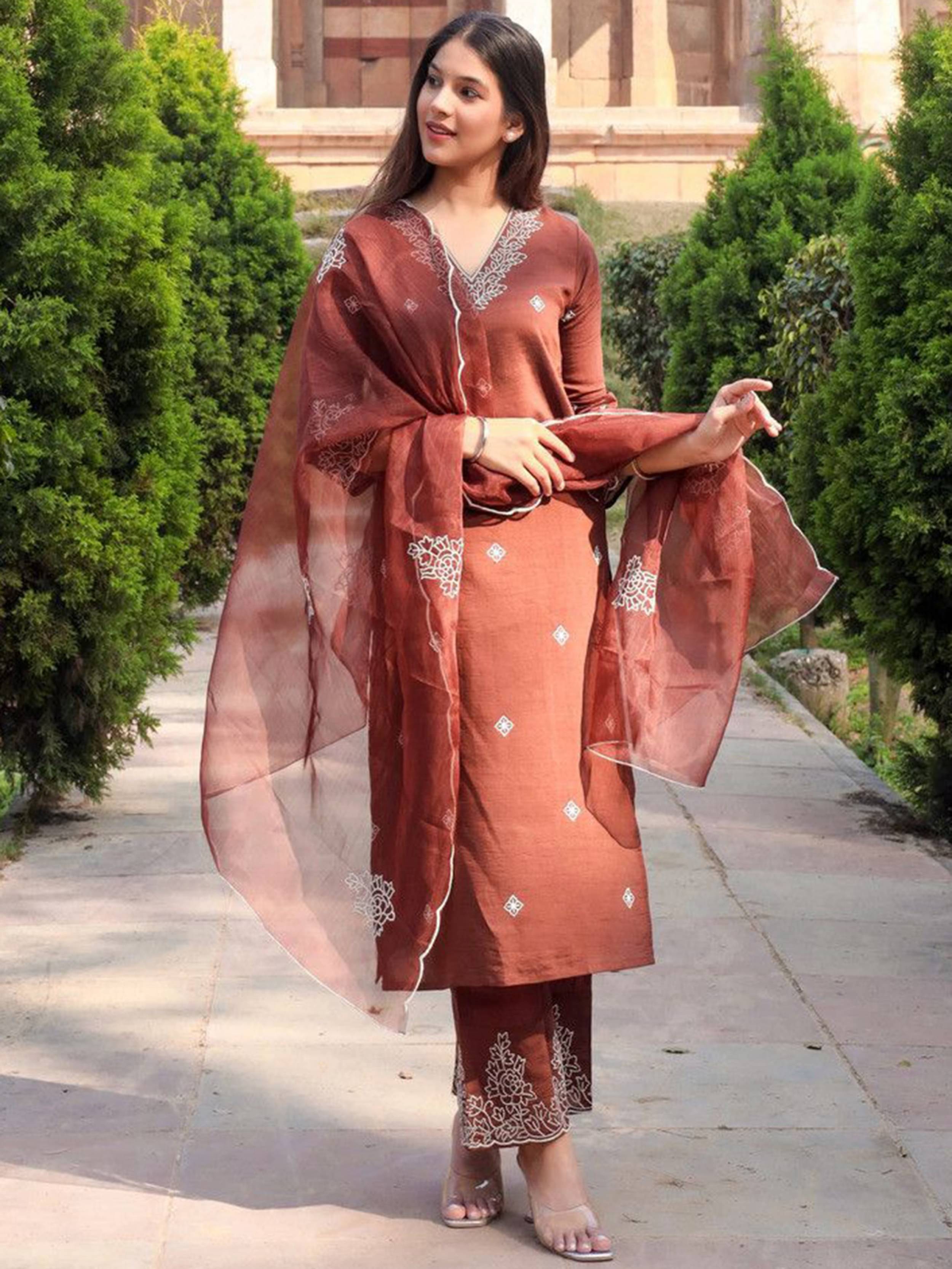     			kedar fab Women Cotton Blend Embroidered Straight Kurti With Palazzo ( Brown )