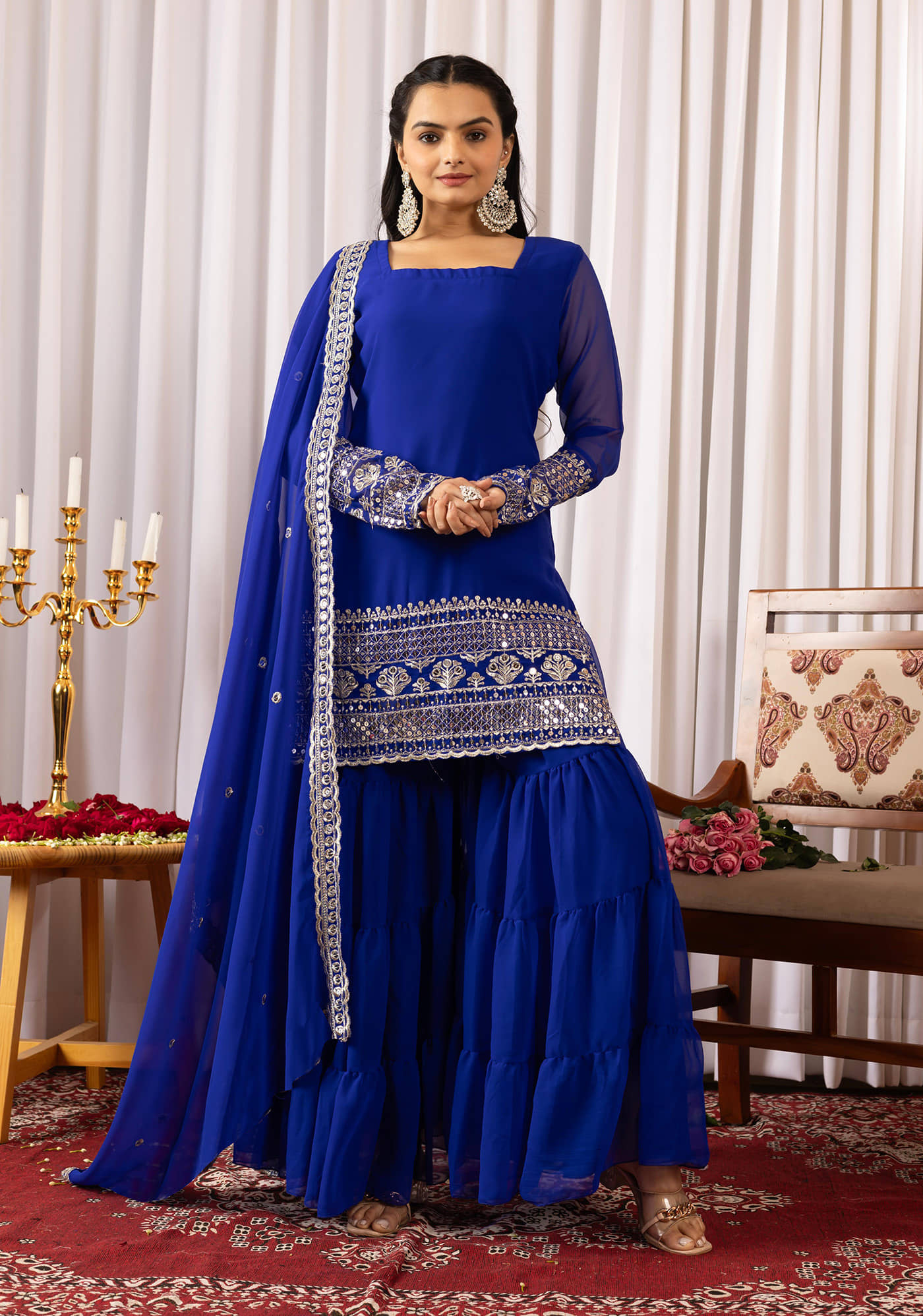 kedar fab Women Georgette Embroidered Straight Kurti With Sharara And Gharara ( Blue )
