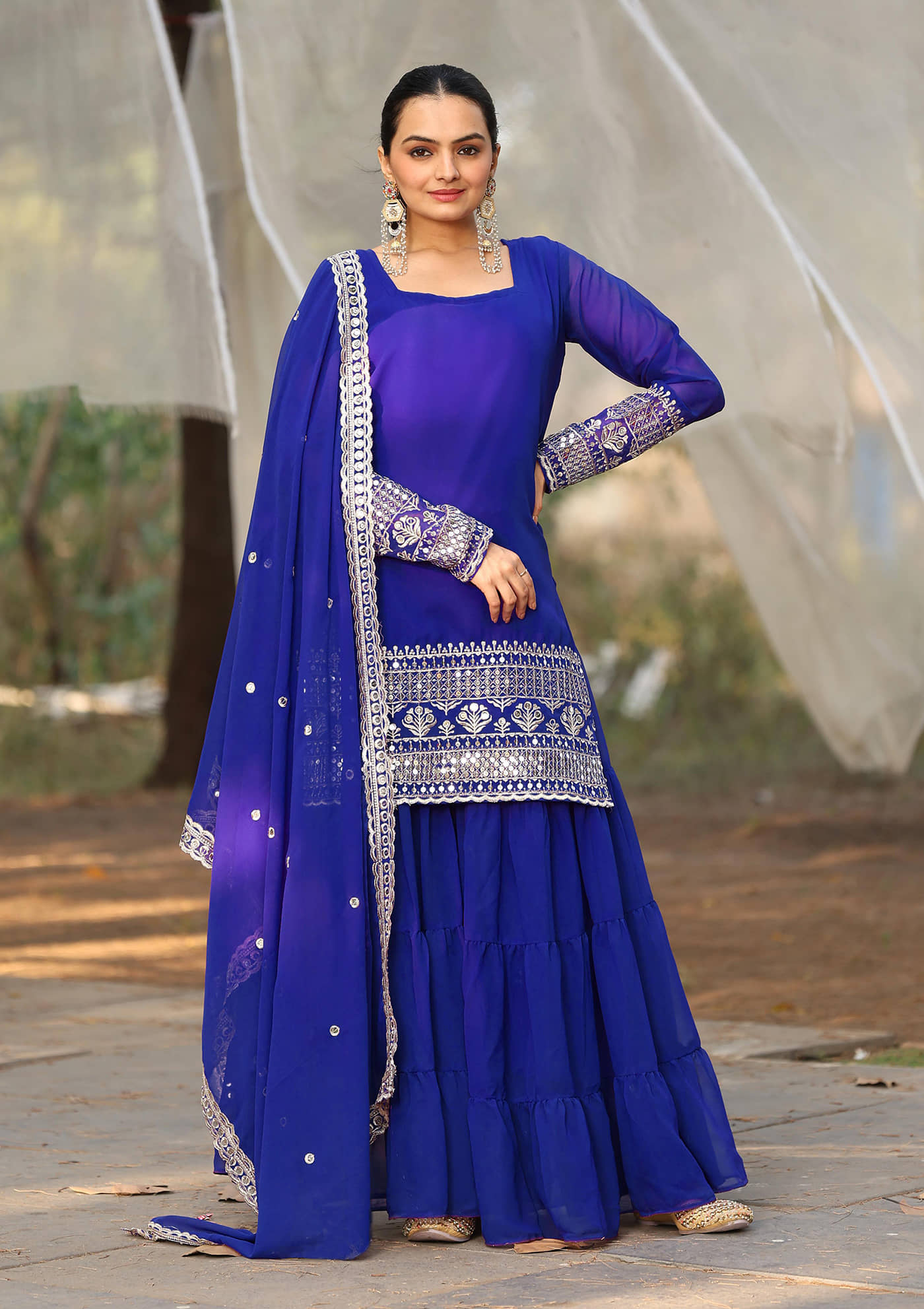 kedar fab Women Georgette Embroidered Straight Kurti With Sharara And Gharara ( Blue )