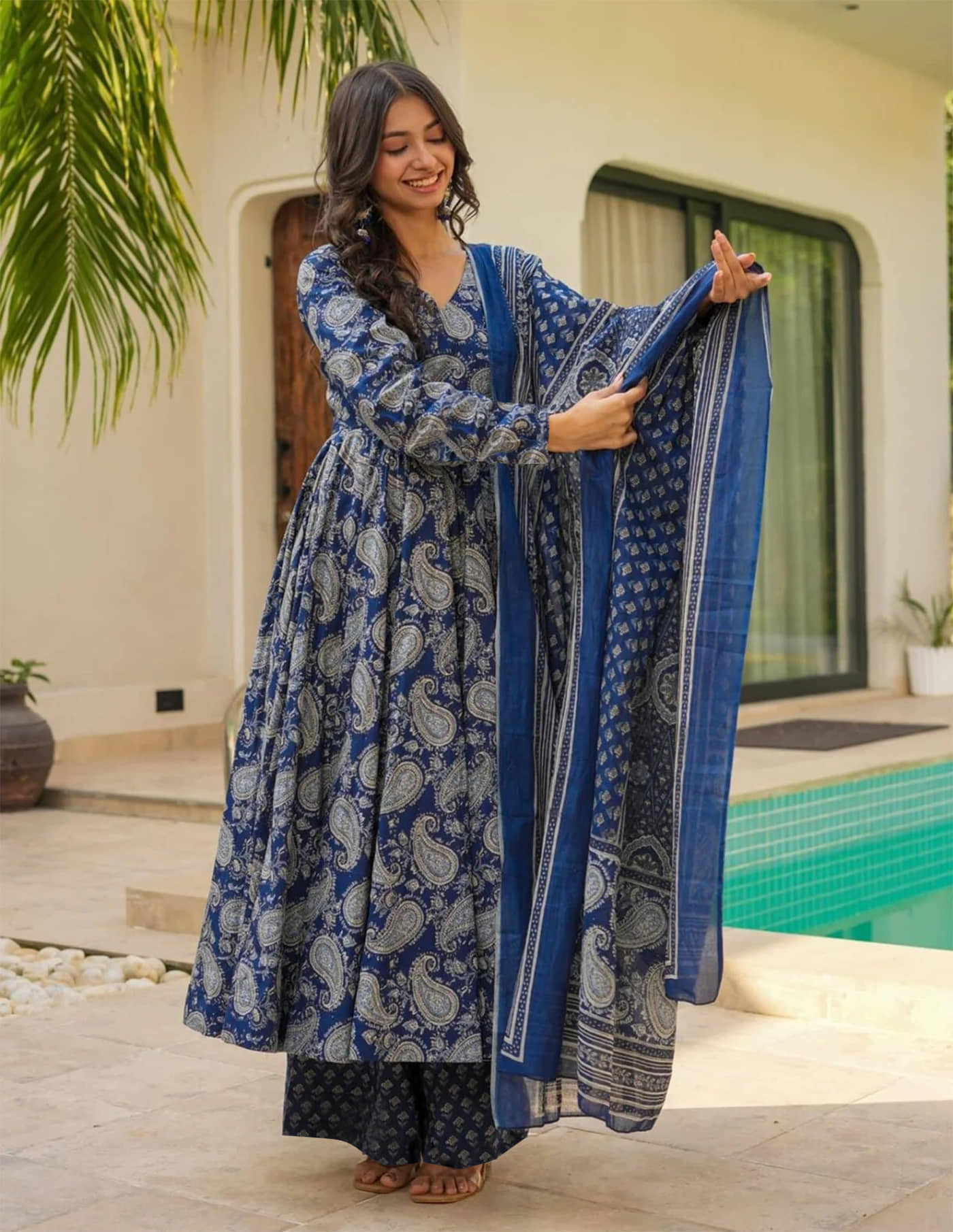 kedar fab Women Rayon Printed Anarkali Kurti With Palazzo ( Blue )