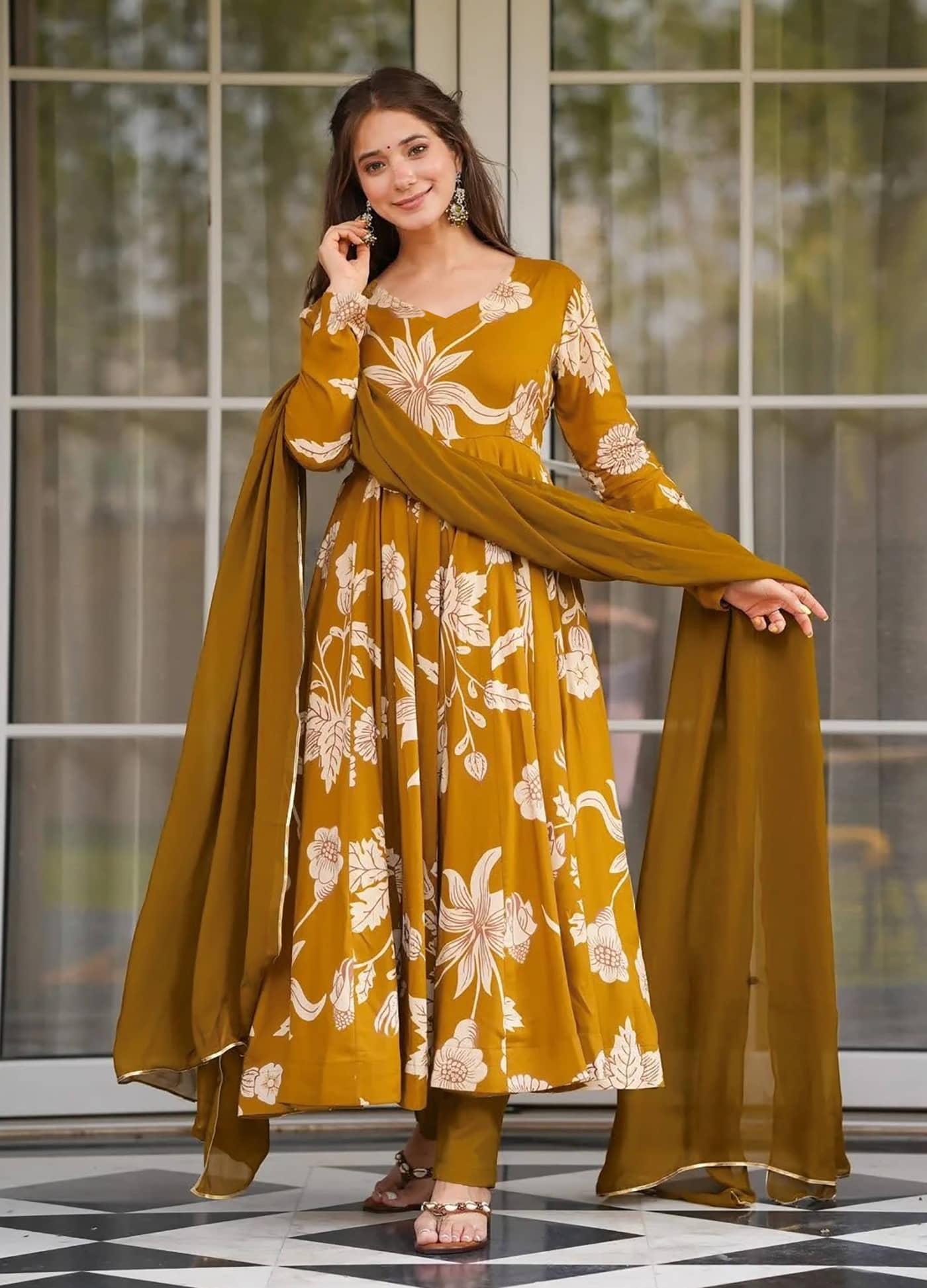 kedar fab Women Rayon Printed Anarkali Kurti With Pants ( Mustard )