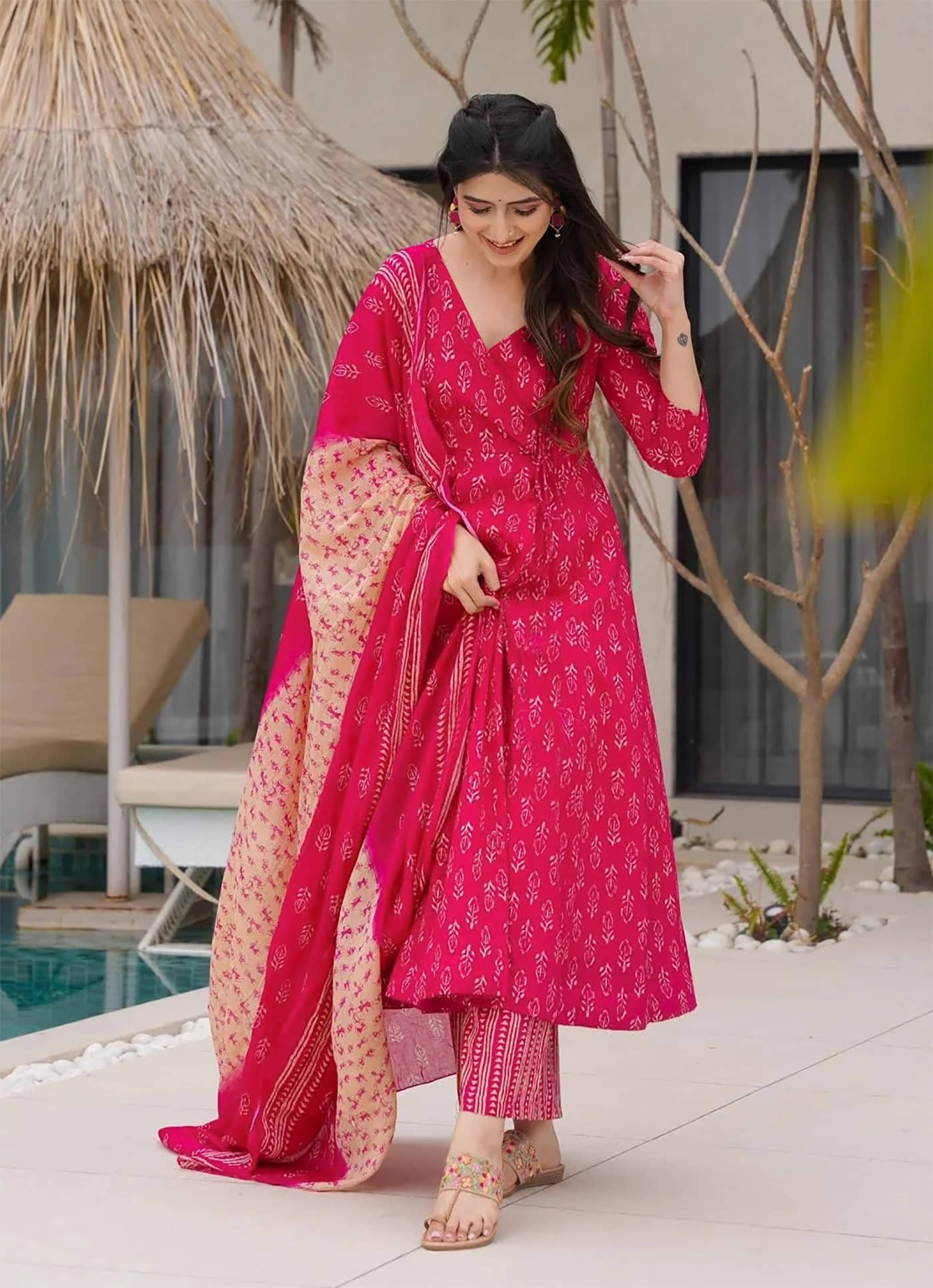kedar fab Women Rayon Printed Angrakha Kurti With Palazzo ( Pink )