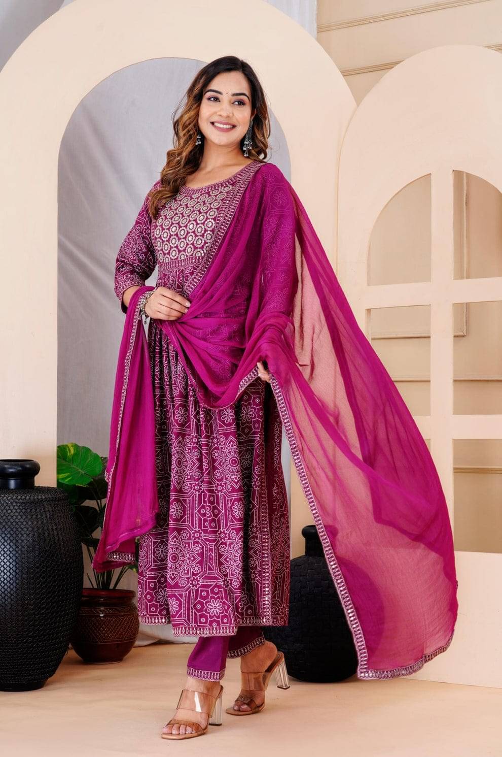     			kurti master Women Rayon Embroidered A-line Kurti With Pants ( Wine )