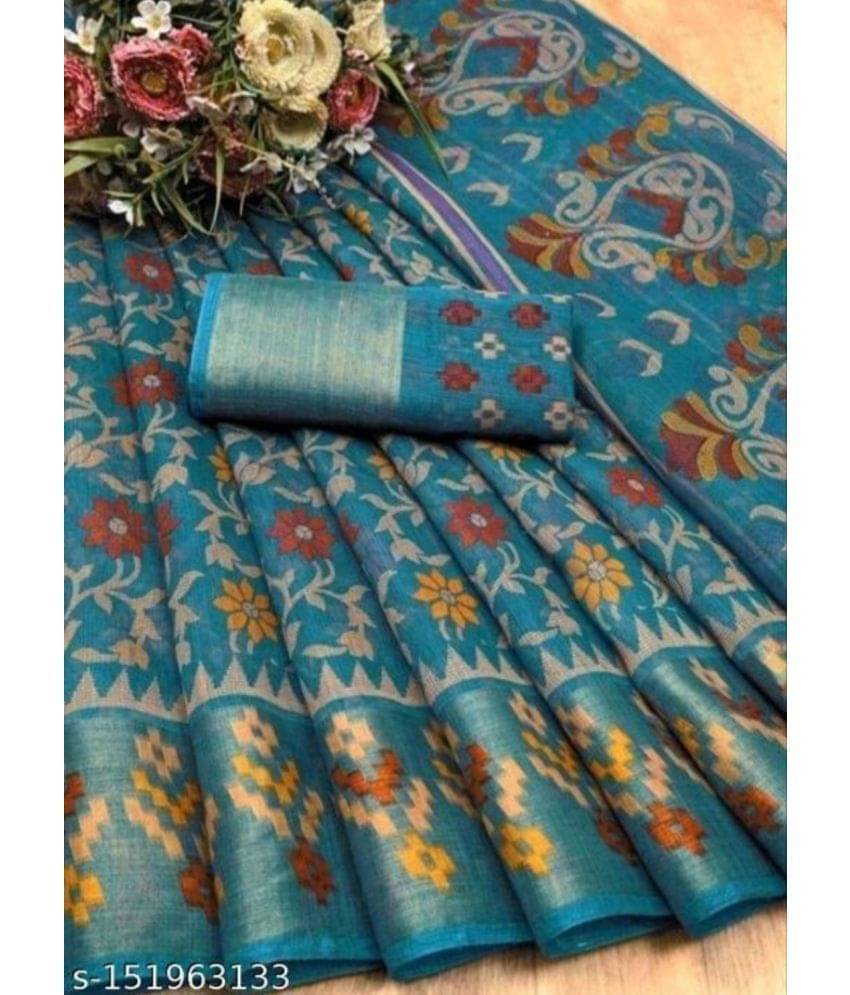     			varutex Cotton Silk Applique Regular Saree With Unstitched Blouse Piece ( Blue )