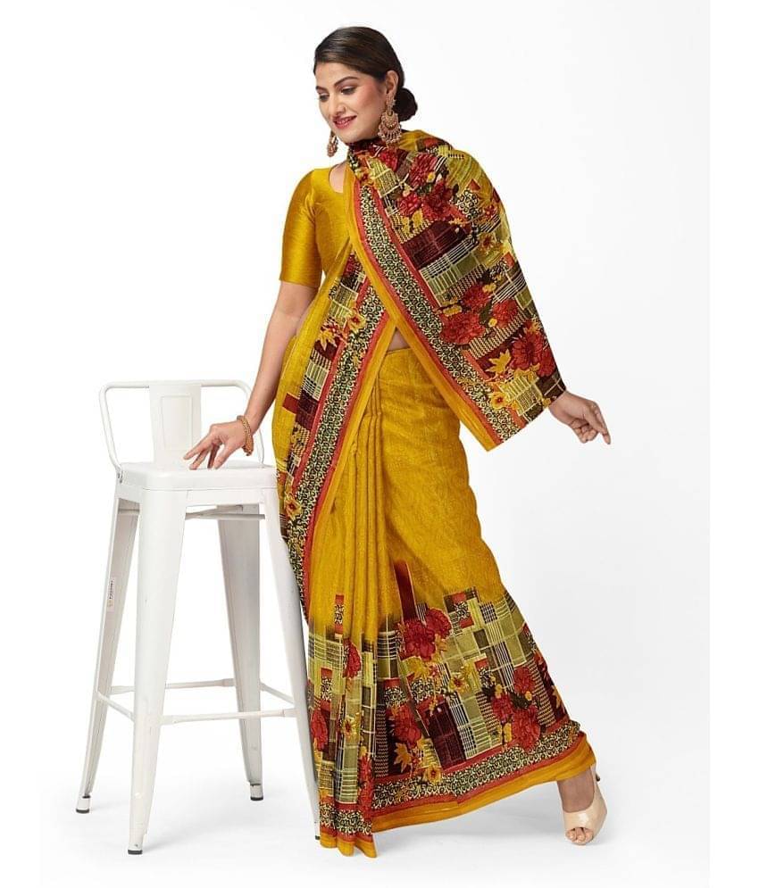 varutex Georgette Printed Regular Saree With Unstitched Blouse Piece ( Yellow )     			varutex Georgette Printed Regular Saree With Unstitched Blouse Piece ( Yellow )