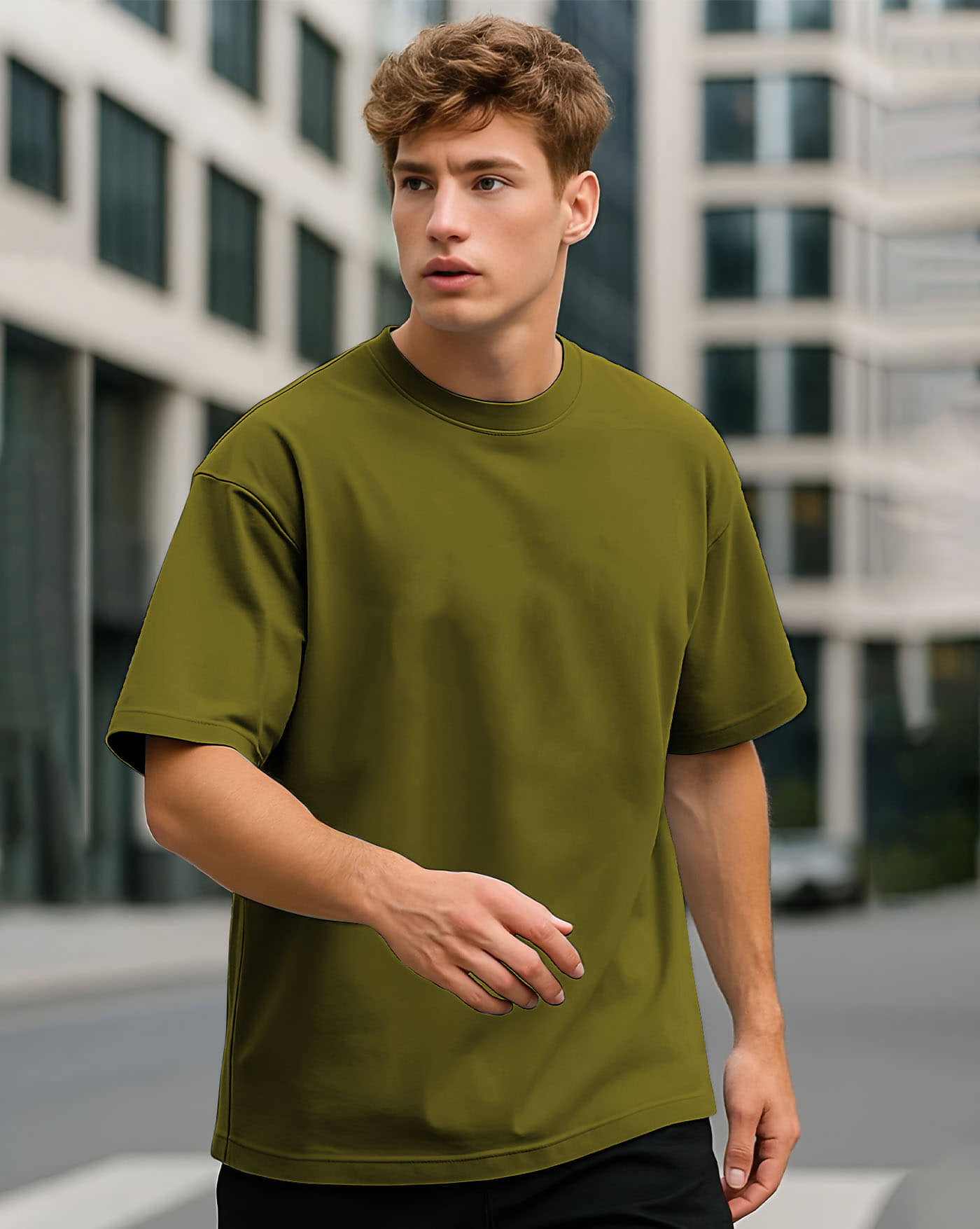 AOOSH Men Cotton Blend Oversized Fit Solid T-Shirt ( Olive )