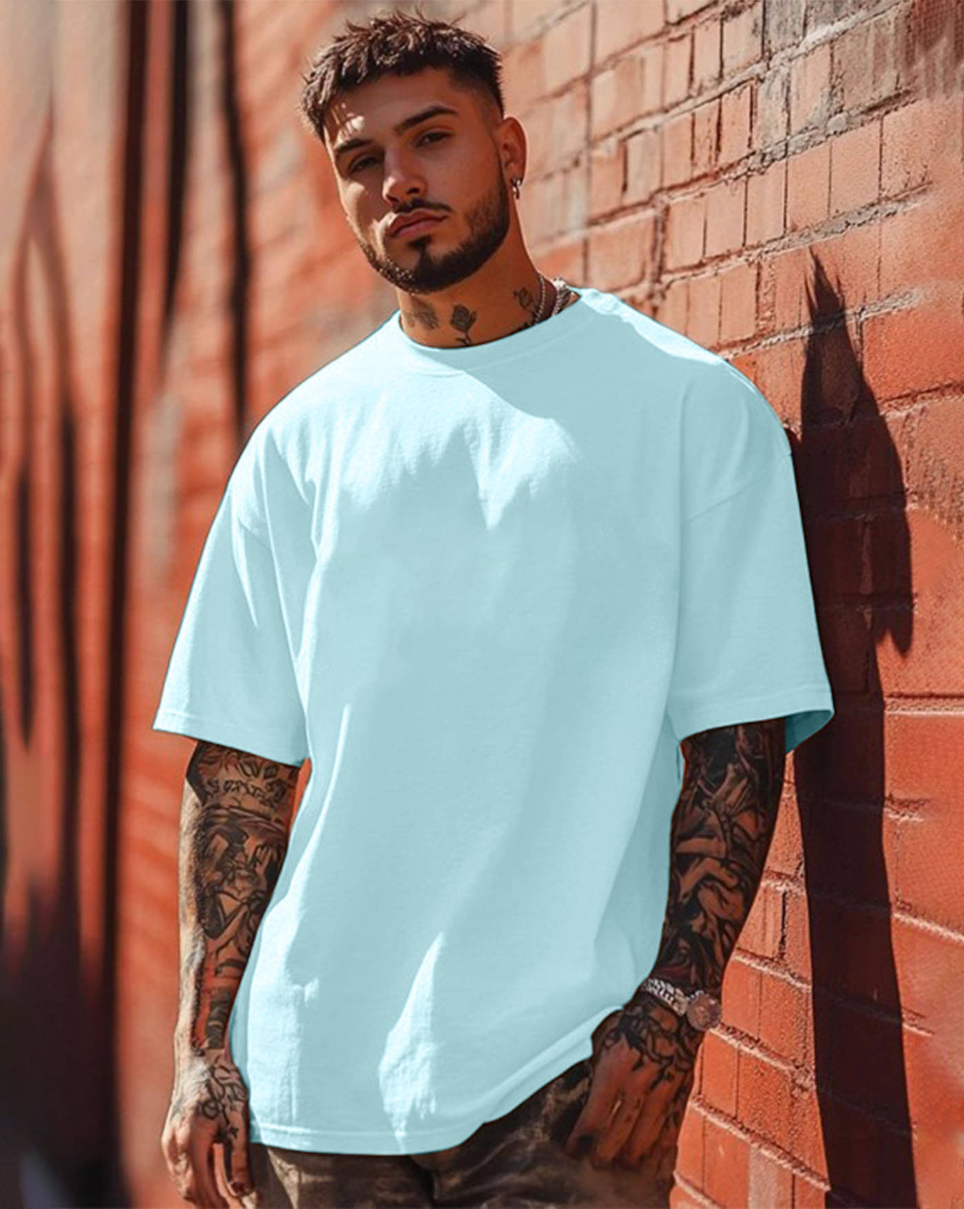 AOOSH Men Cotton Blend Oversized Fit Solid T-Shirt ( Sky Blue ) AOOSH Men Cotton Blend Oversized Fit Solid T-Shirt ( Sky Blue )