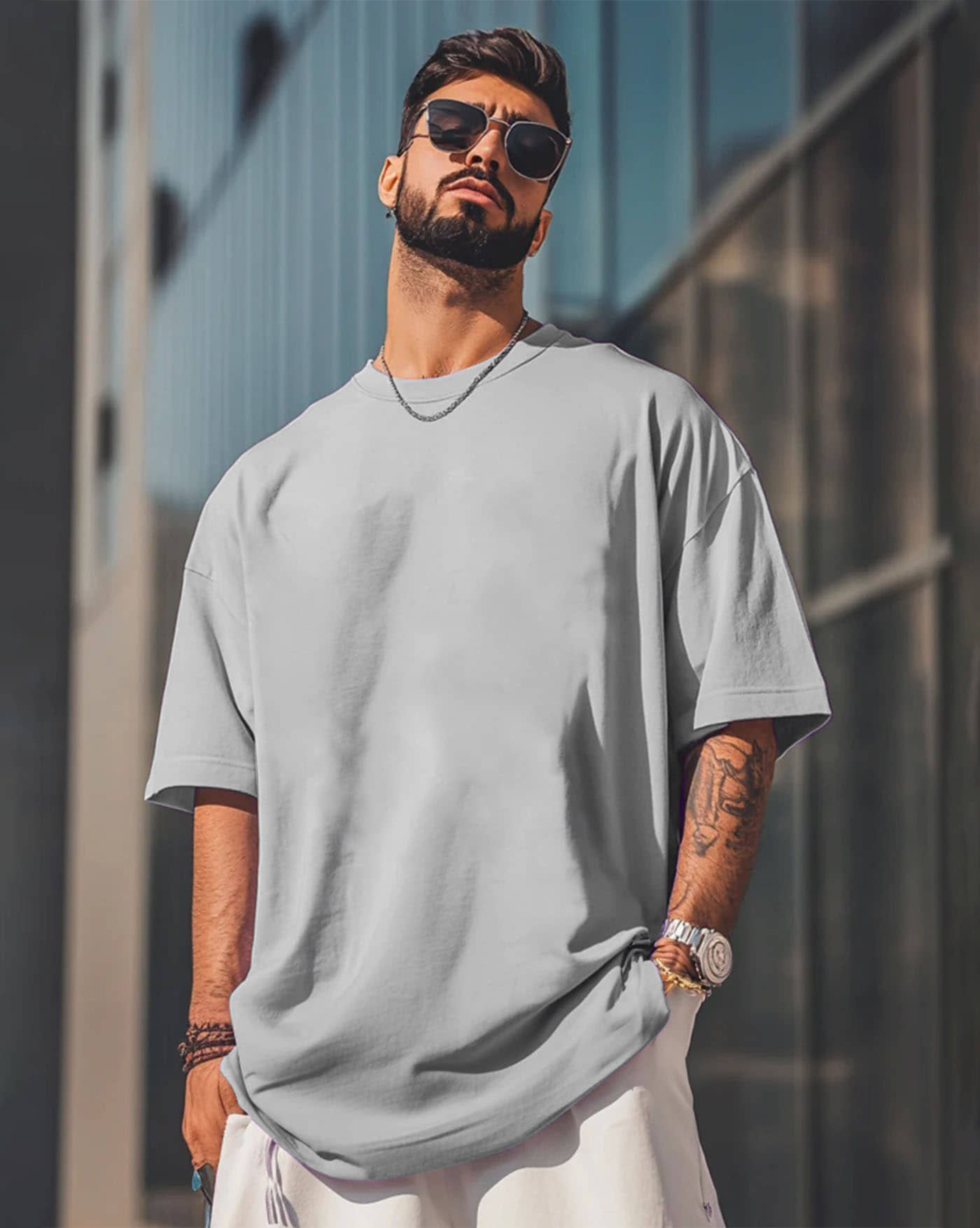 AUSK Men Cotton Blend Oversized Fit Solid T-Shirt ( Sky Blue )