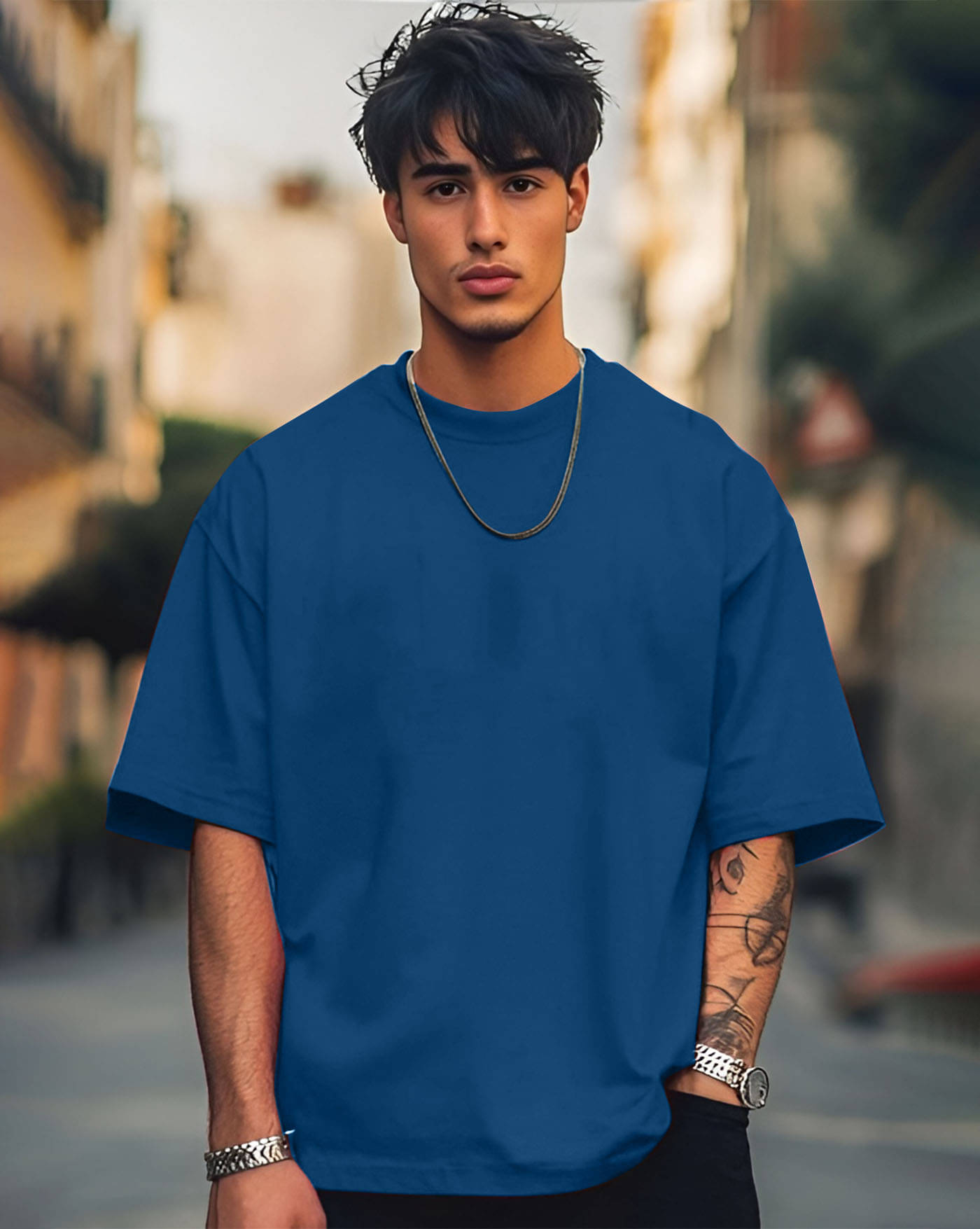     			AUSK Men Cotton Blend Oversized Fit Solid T-Shirt ( Teal Blue )