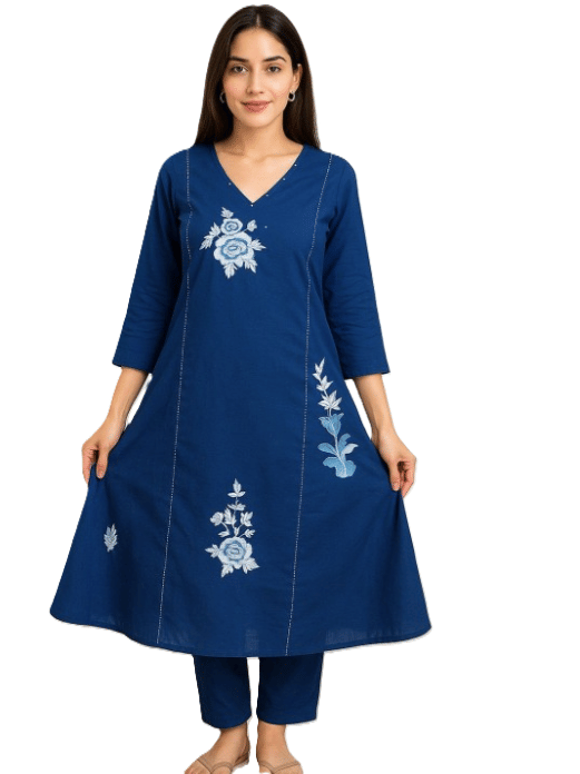     			Aasira Women Cotton Embroidered A-line Kurti With Pants ( Blue )