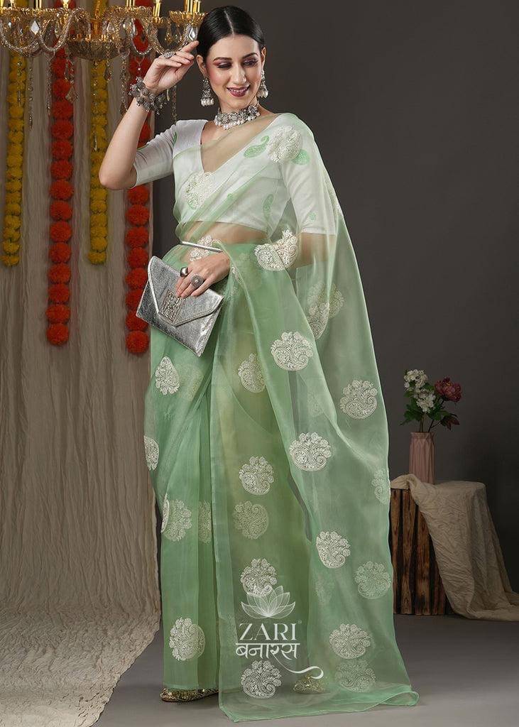 Amika Art Silk Applique Baluchari Saree With Unstitched Blouse Piece ( Green ) Amika Art Silk Applique Baluchari Saree With Unstitched Blouse Piece ( Green )