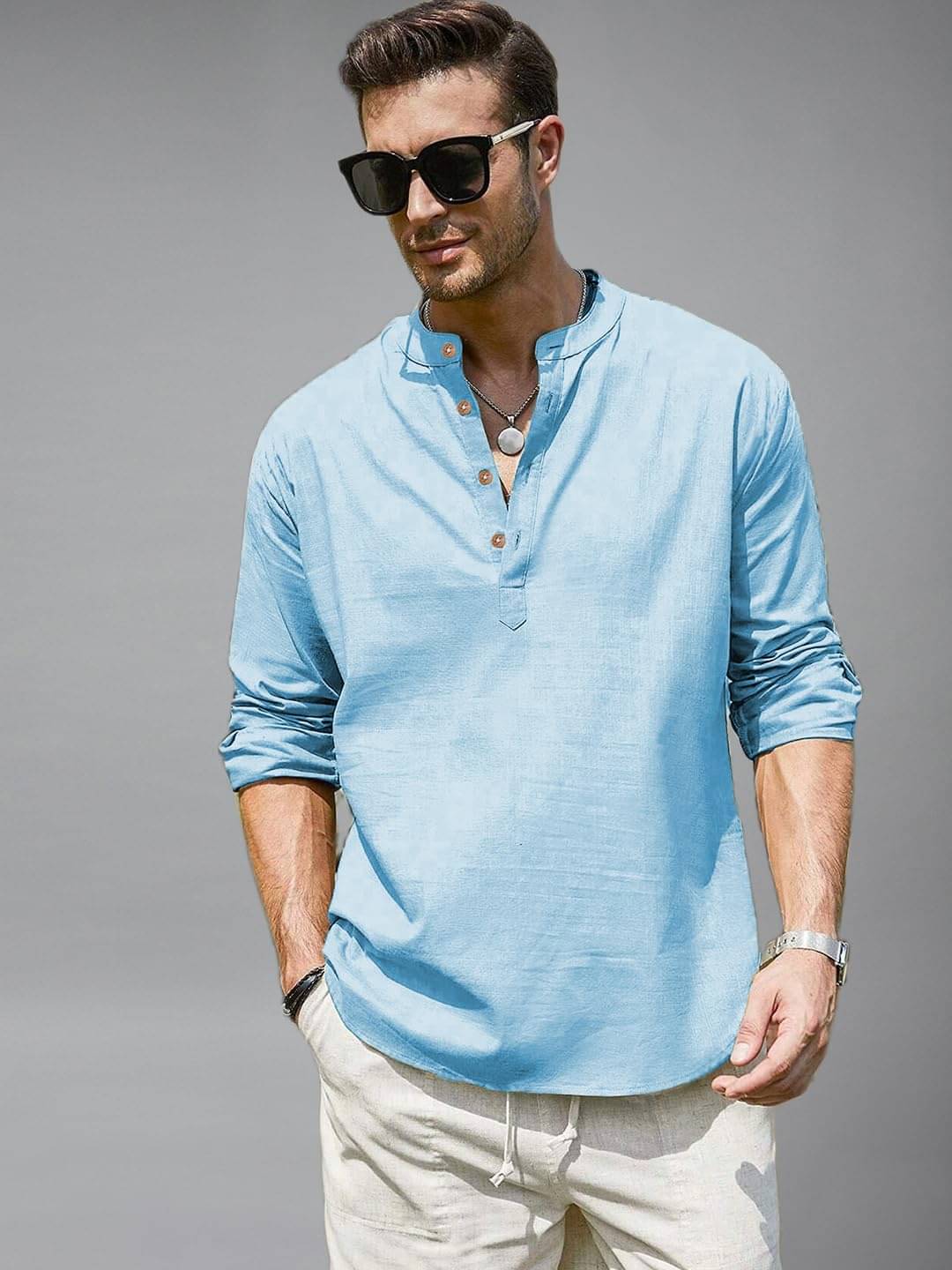    			Apektra Sky Blue Cotton Blend Men's Shirt Style Kurta ( Pack of 1 )