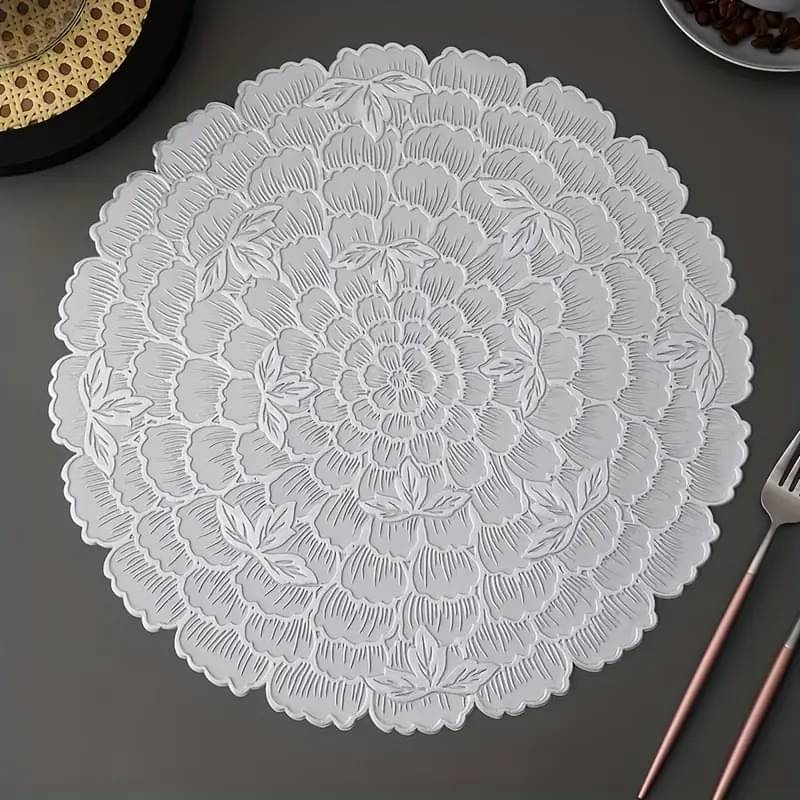 Dakshya Industries PVC Floral Round Table Mats ( 28 cm x 28 cm ) Pack of 1 - Silver Dakshya Industries PVC Floral Round Table Mats ( 28 cm x 28 cm ) Pack of 1 - Silver
