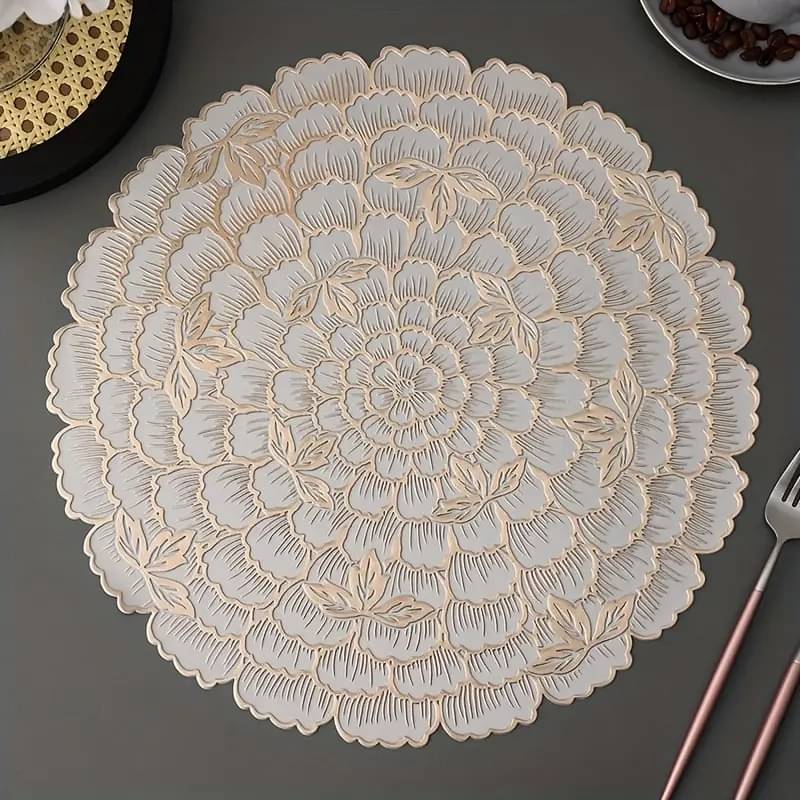 Dakshya Industries PVC Floral Round Table Mats ( 28 cm x 28 cm ) Pack of 1 - Gold Dakshya Industries PVC Floral Round Table Mats ( 28 cm x 28 cm ) Pack of 1 - Gold