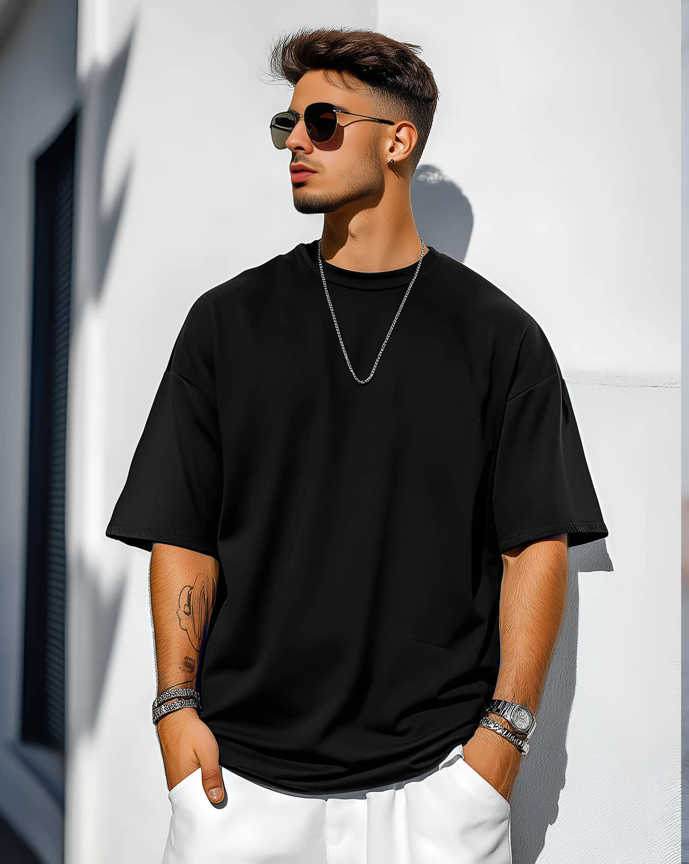 ENITOR Men Cotton Blend Oversized Fit Solid T-Shirt ( Navy Blue )