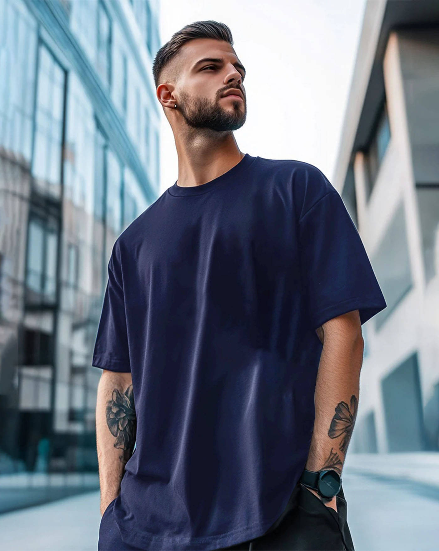     			ENITOR Men Cotton Blend Oversized Fit Solid T-Shirt ( Navy Blue )