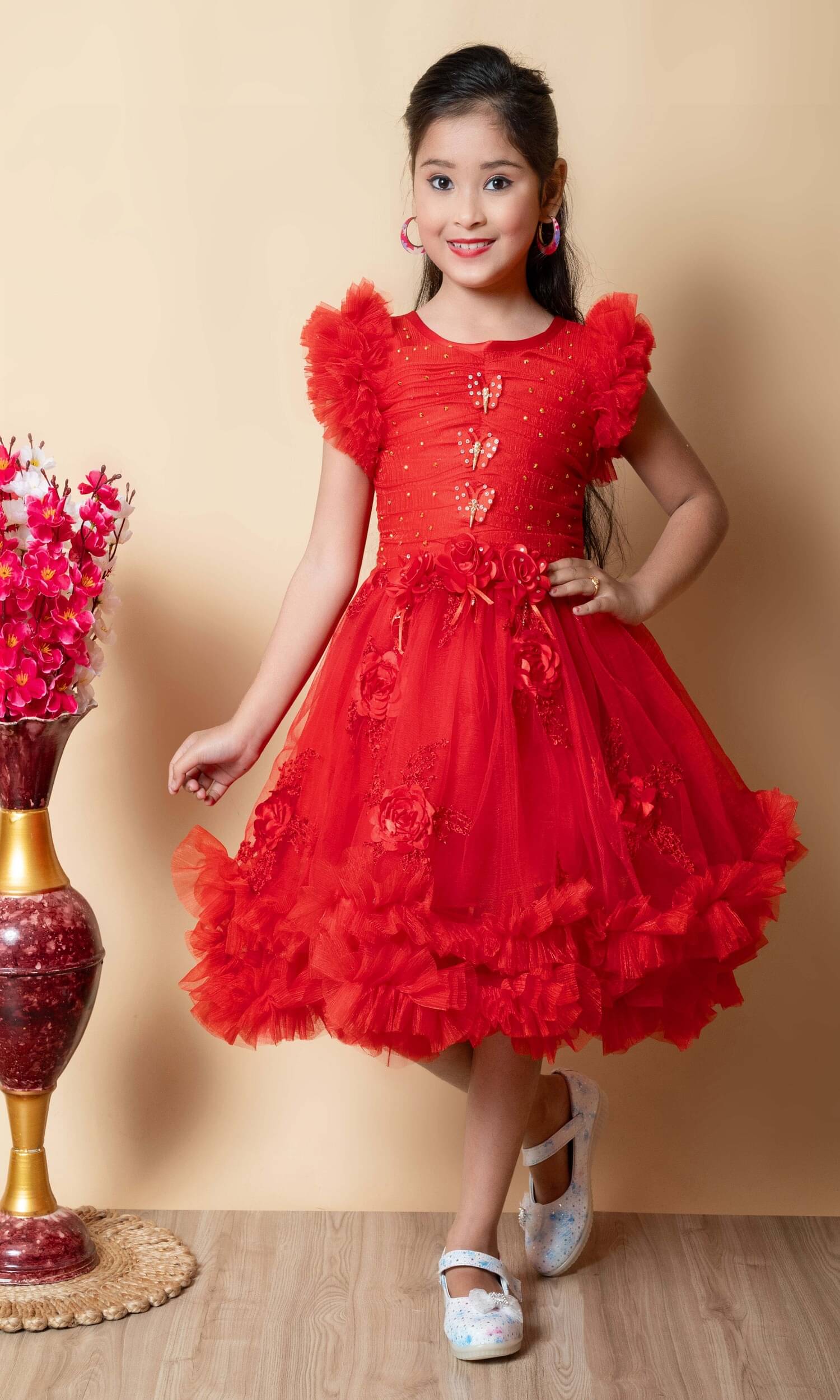     			ESRA Net Frock For Girls ( Pack of 1 , Red )