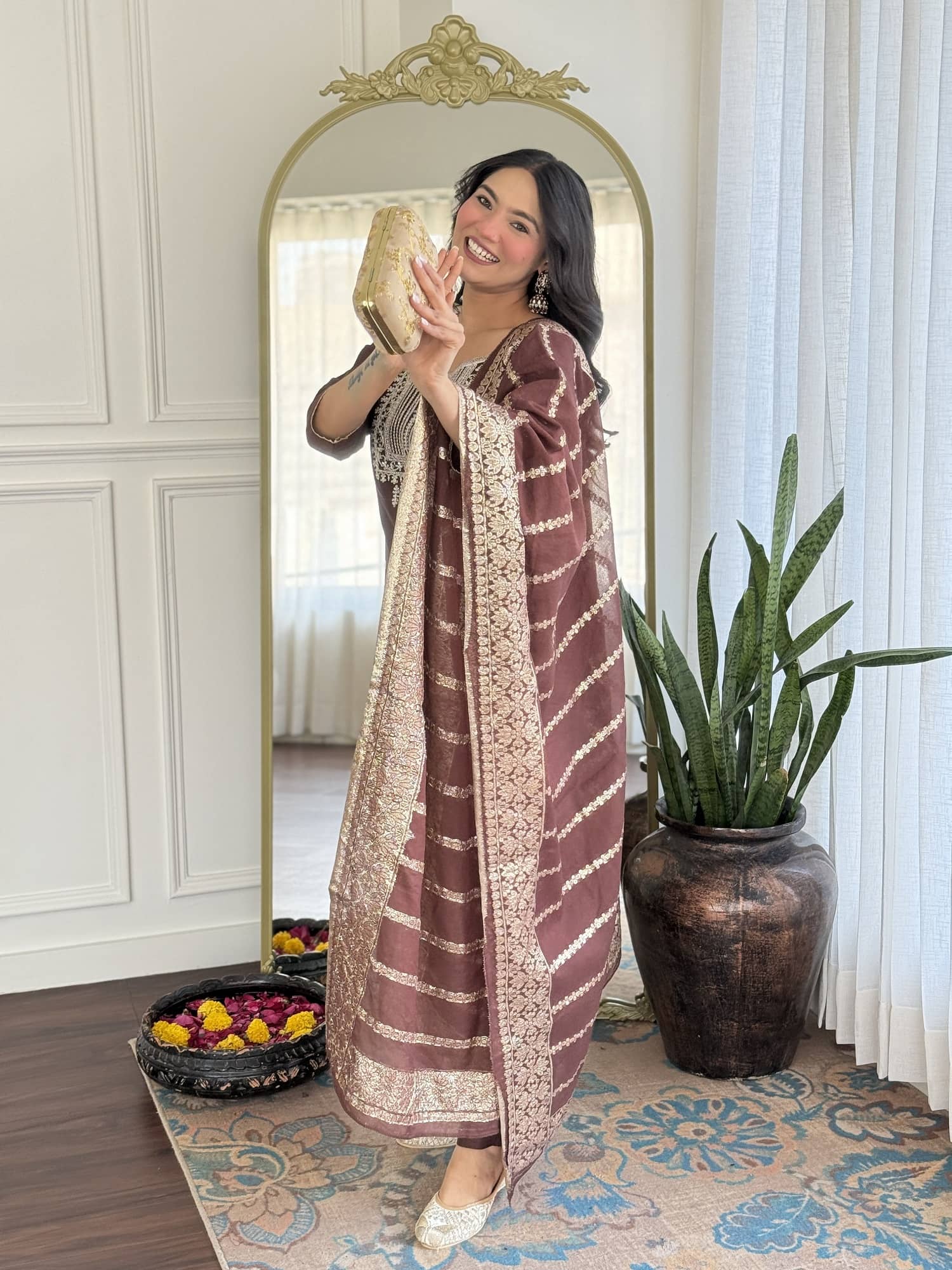 GOPI SAREE Women Cotton Silk Embroidered Straight Kurti With Pants ( Coffee )