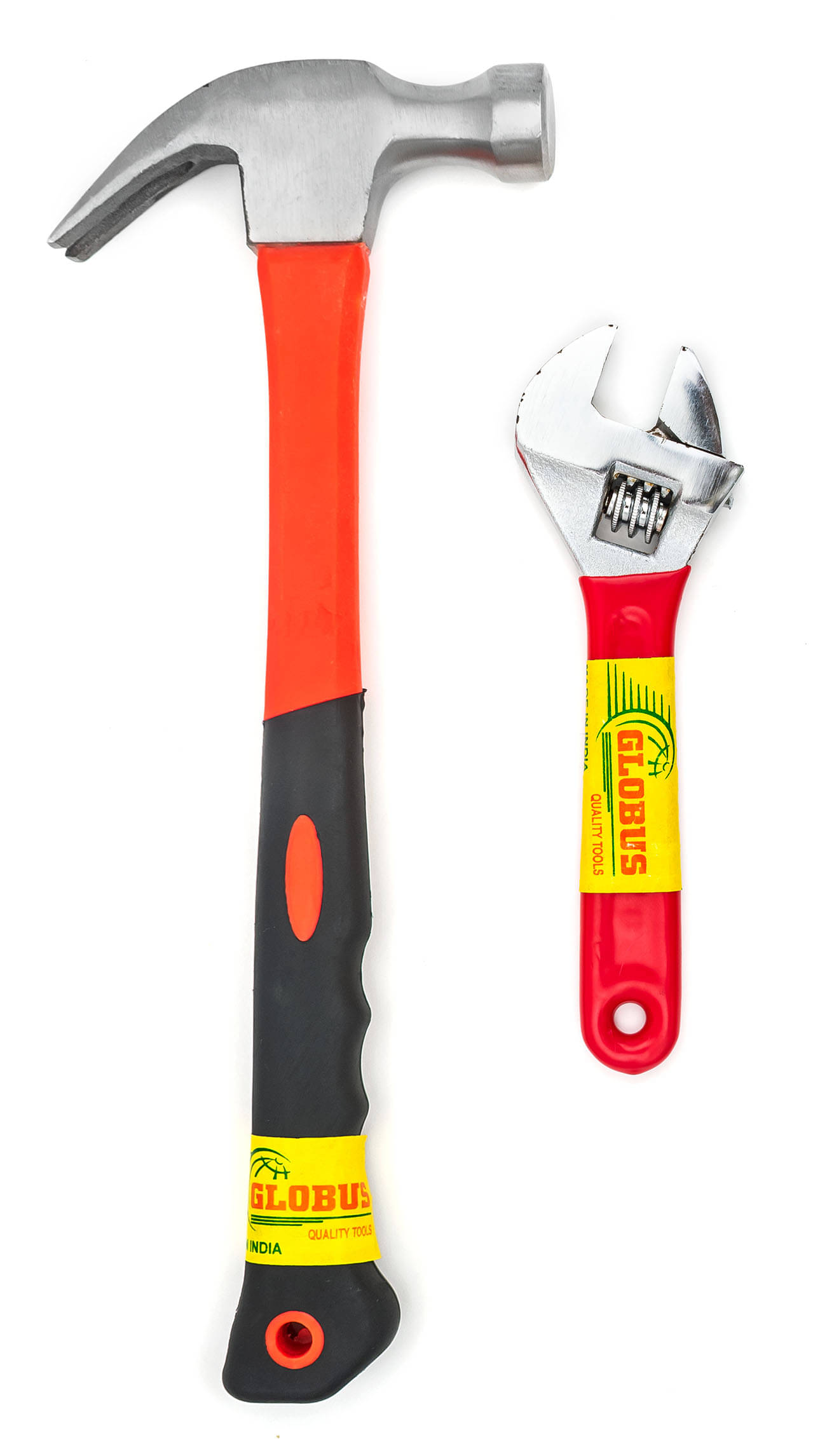     			Globus 1622-Curved Claw Hammerwith FIBER GLASS Handle and Rubber SHOCK PROOF Grip (0.40 kg) &ADJUSTABLE WRENCH/SPANNER WITH PVC DIP SLEEVE (6INCH/150MM).Professional & home use plumbing tools.