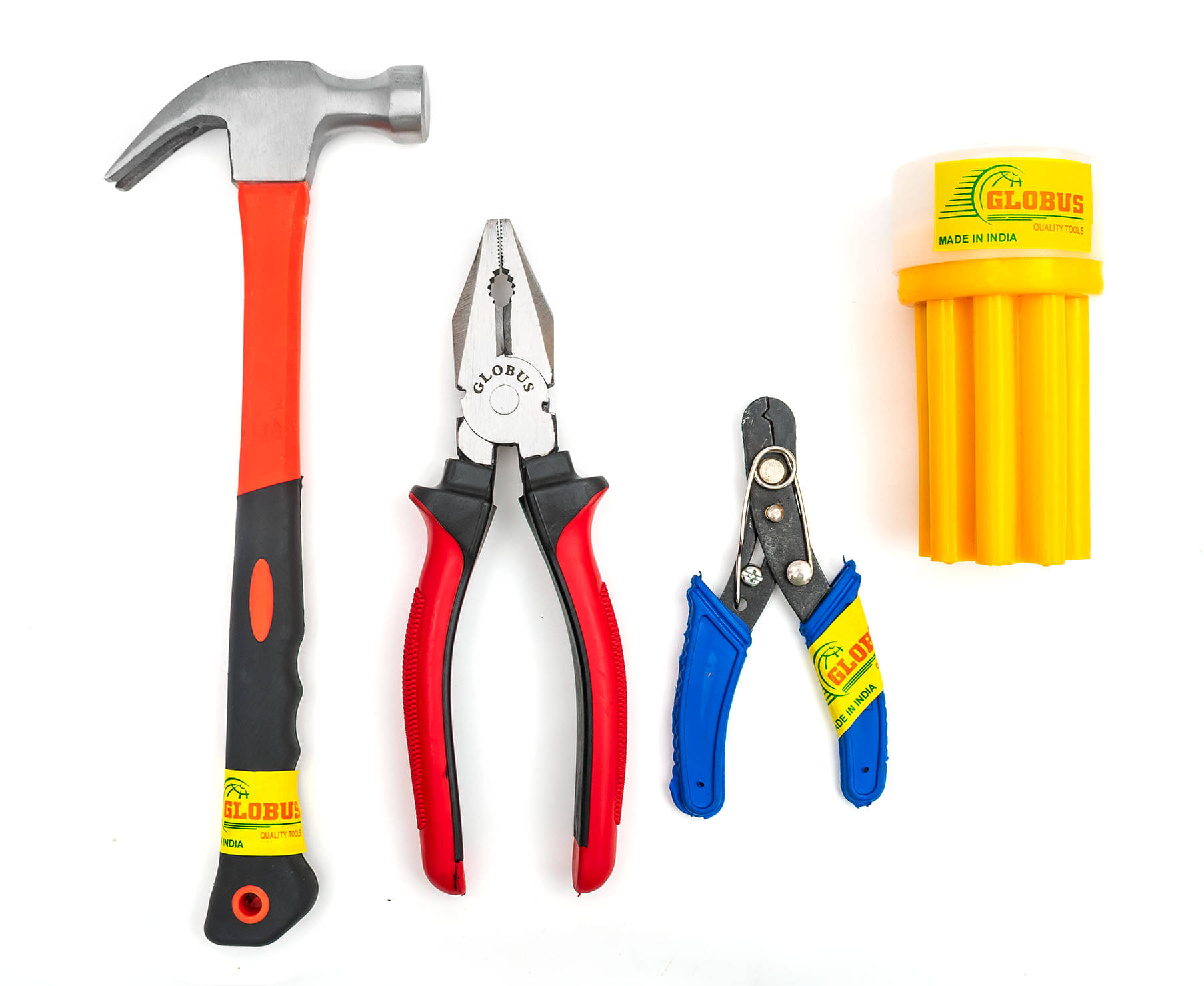     			Globus 1623-Curved Claw Hammer with FIBER GLASS Handle and Rubber SHOCK PROOF Grip (0.40 kg),COMBINATION PLIER(8"/ 200MM), Wire Stripper/Cutter(5"/125MM) & SCREW DRIVER SET/9 IN BOX).