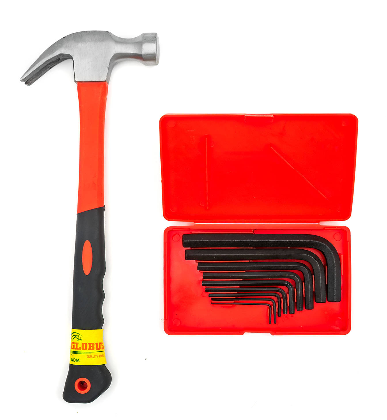     			Globus 1625-Curved Claw Hammer with FIBER GLASS Handle and Rubber SHOCK PROOF Grip (0.40 kg) & ALLENKEY SET/9 (1.5MM-10MM).