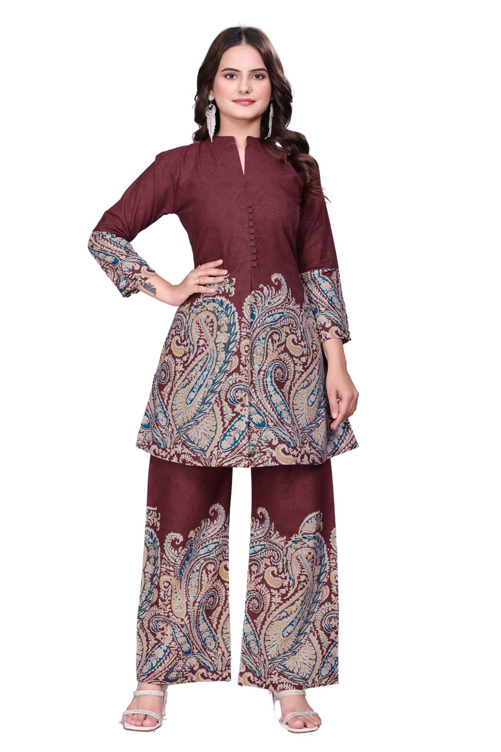     			Herin Enterprise Women Printed Tunic With Palazzos Co-Ord Set ( Red )