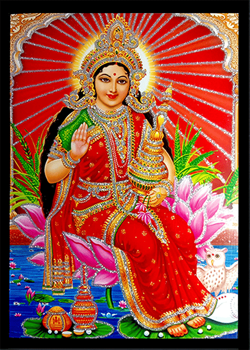 KAMALA LAKSHMI MATA Sparkled Laminated Photo 8 (Width) x 11 (Length) inch on Wooden Base With Back Support Mount & Wall Hanging Mount KAMALA LAKSHMI MATA Sparkled Laminated Photo 8 (Width) x 11 (Length) inch on Wooden Base With Back Support Mount & Wall Hanging Mount