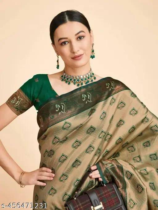     			Kashtbhanjan Jacquard Printed Regular Saree With Stitched Blouse ( Beige )