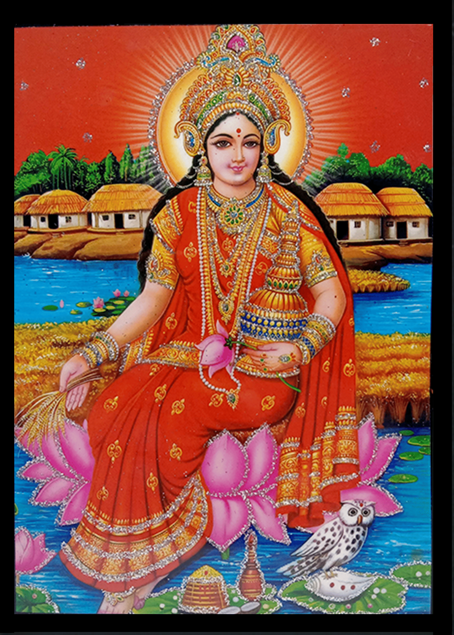 LAKSHMI MATA Sparkled Laminated Photo 8 (Width) x 11 (Length) inch on Wooden Base With Back Support Mount & Wall Hanging Mount LAKSHMI MATA Sparkled Laminated Photo 8 (Width) x 11 (Length) inch on Wooden Base With Back Support Mount & Wall Hanging Mount