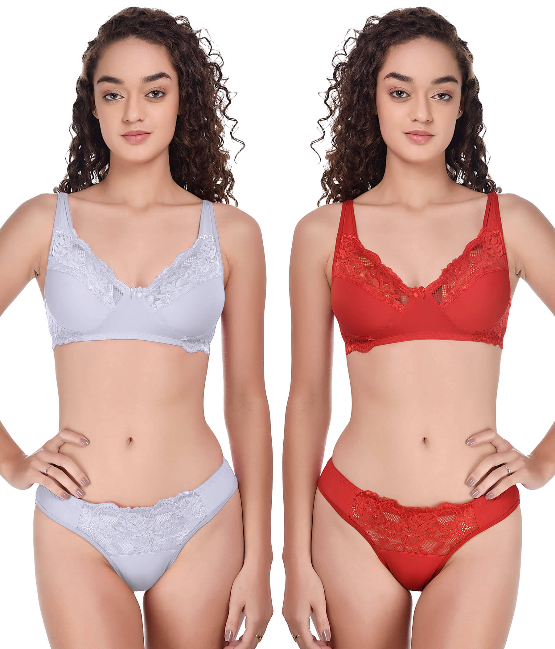 Lushmod Lace Non Padded Bra & Panty Set ( Red,Light Grey , Pack of 2 ) Lushmod Lace Non Padded Bra & Panty Set ( Red,Light Grey , Pack of 2 )