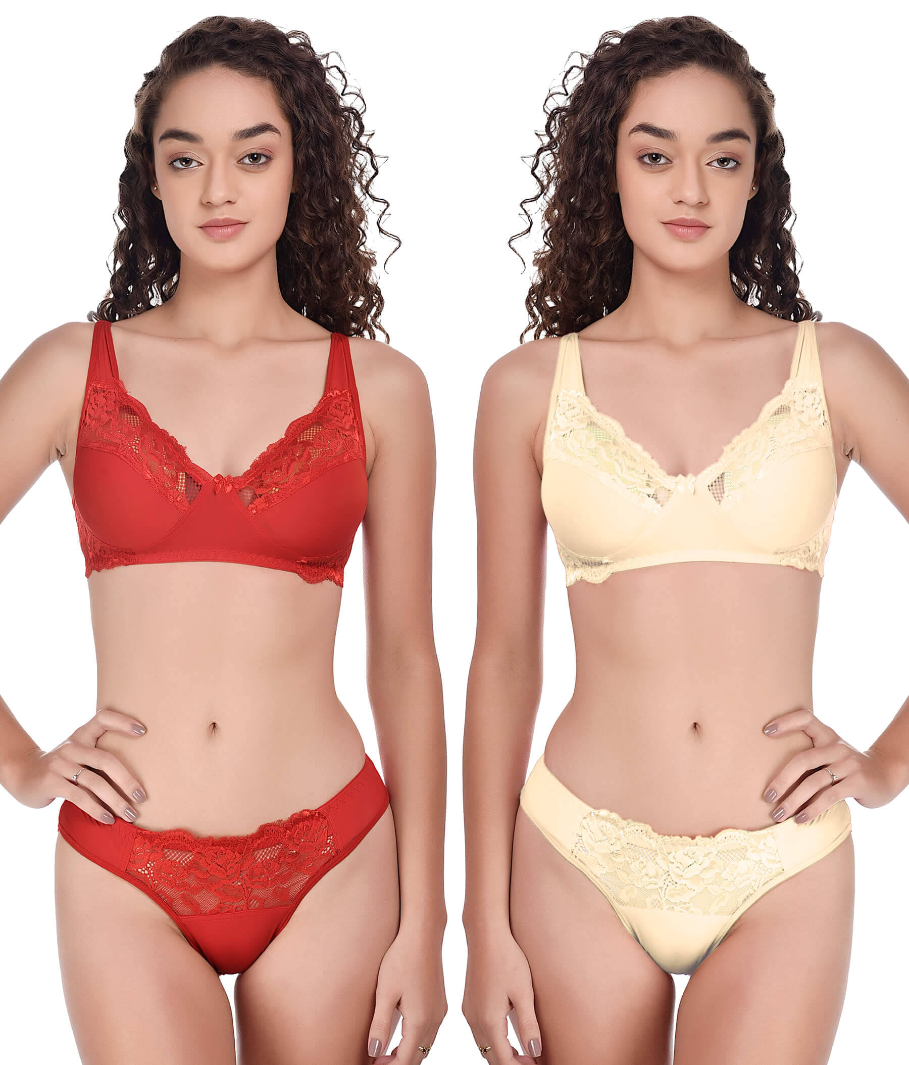 Lushmod Lace Non Padded Bra & Panty Set ( Red,Cream , Pack of 2 ) Lushmod Lace Non Padded Bra & Panty Set ( Red,Cream , Pack of 2 )