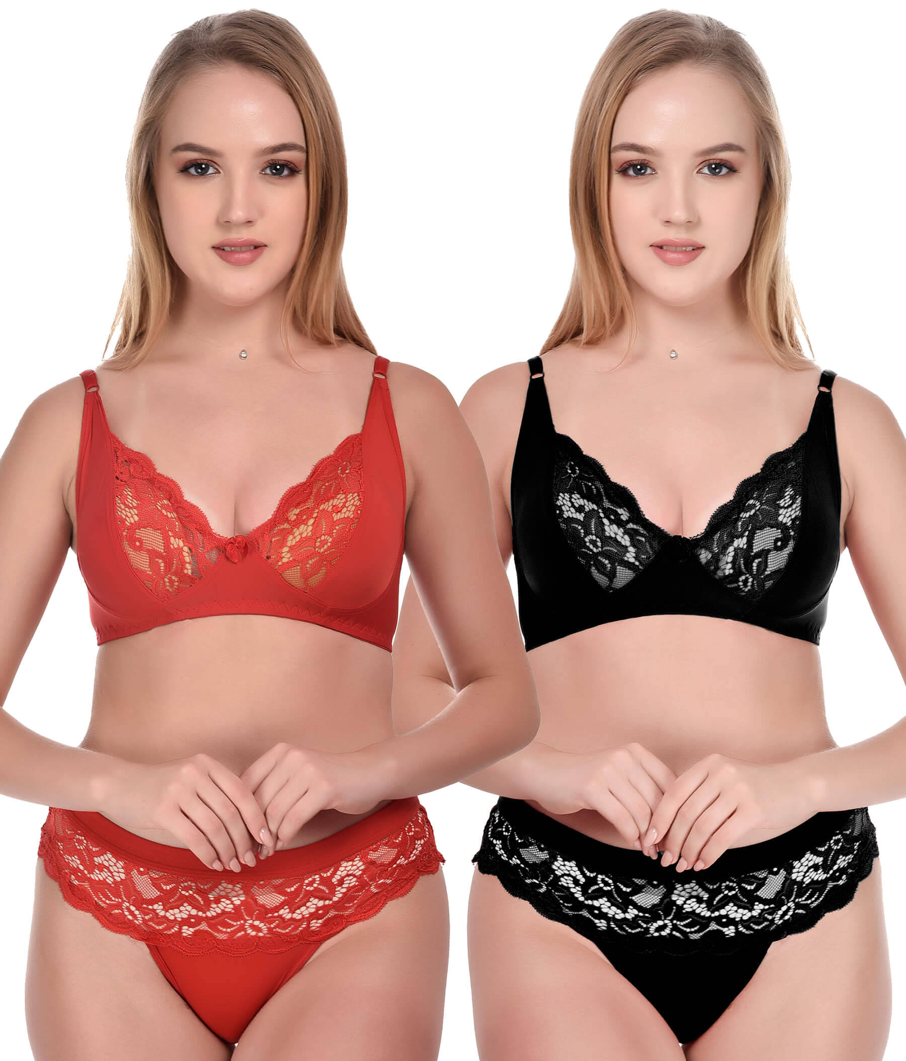 Lushmod Lace Non Padded Bra & Panty Set ( Black,Red , Pack of 2 ) Lushmod Lace Non Padded Bra & Panty Set ( Black,Red , Pack of 2 )