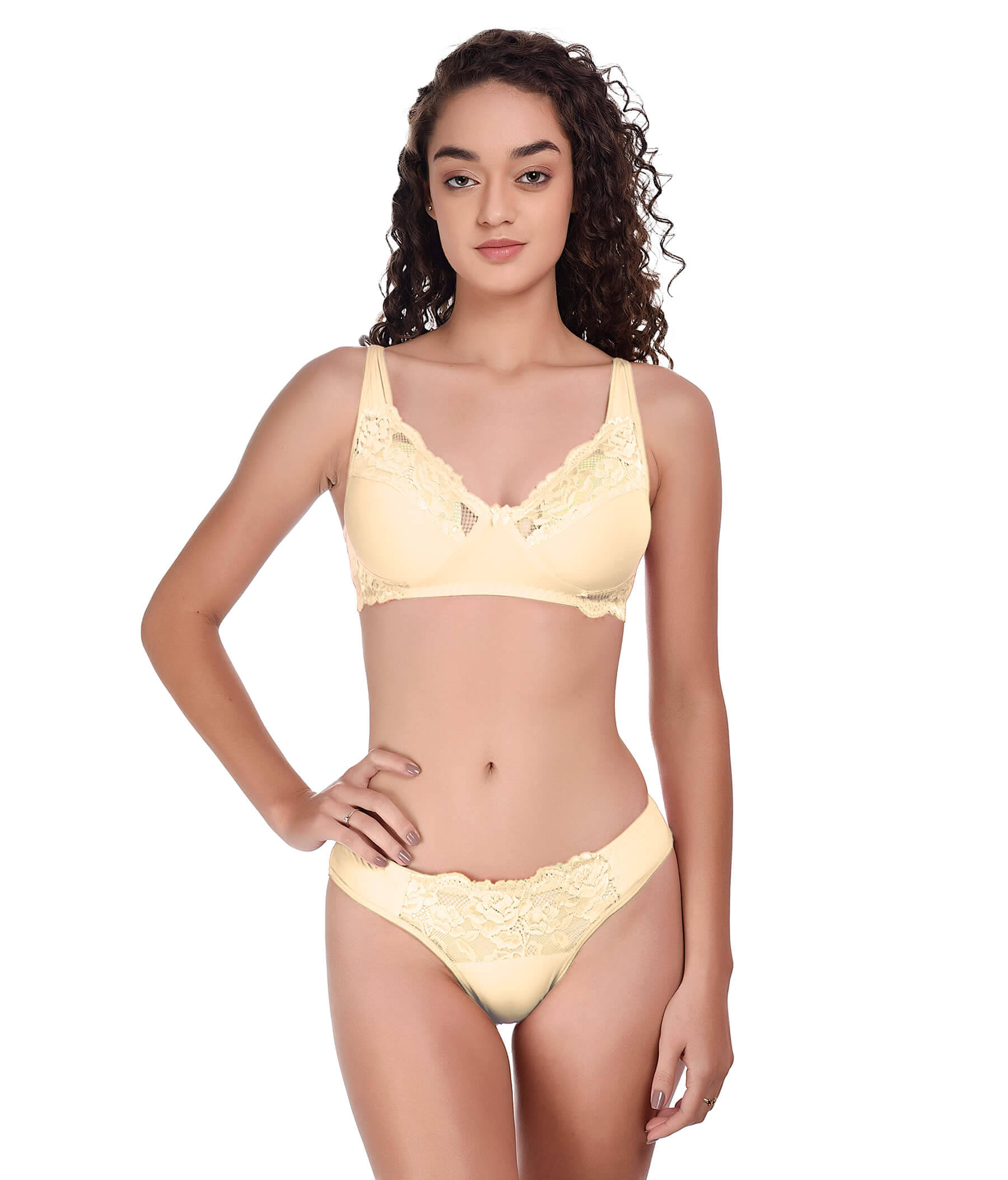     			Lushmod Lace Non Padded Bra & Panty Set ( Cream , Pack of 1 )
