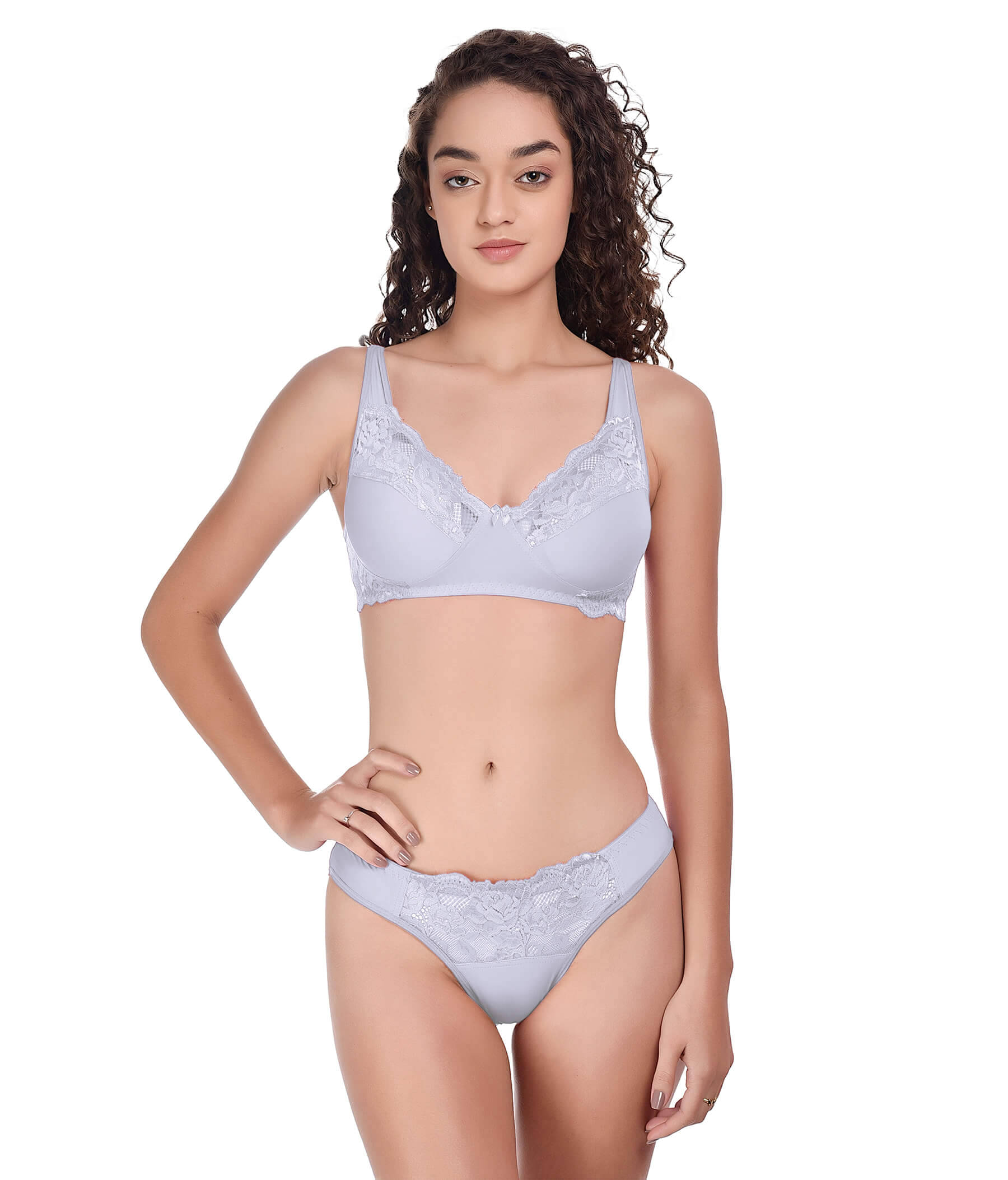     			Lushmod Lace Non Padded Bra & Panty Set ( Light Grey , Pack of 1 )