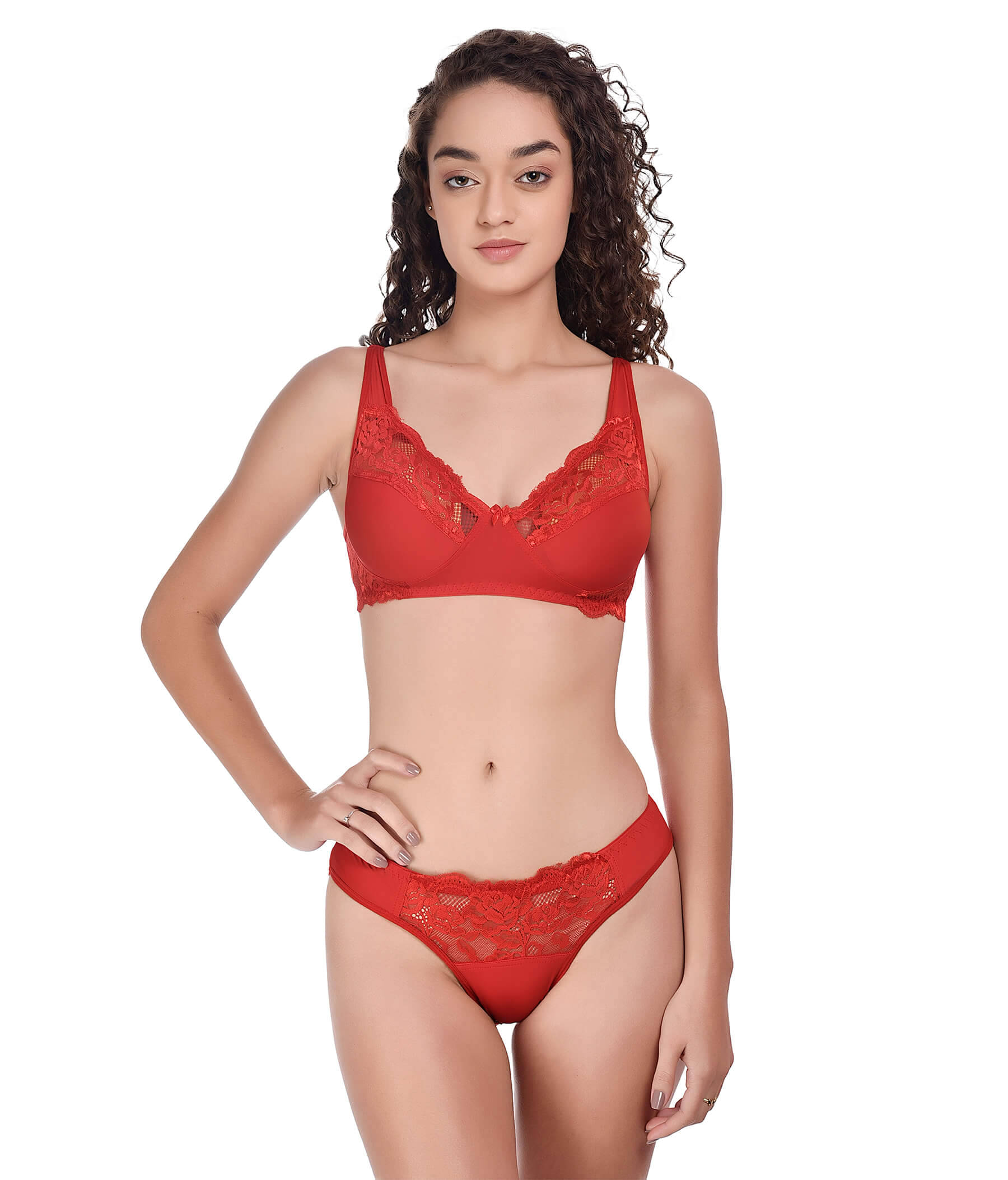     			Lushmod Lace Non Padded Bra & Panty Set ( Red , Pack of 1 )