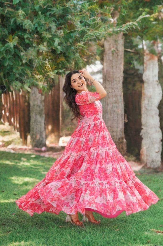 Mahek Fashion Women Georgette Printed Fit & Flare Dress ( Red )