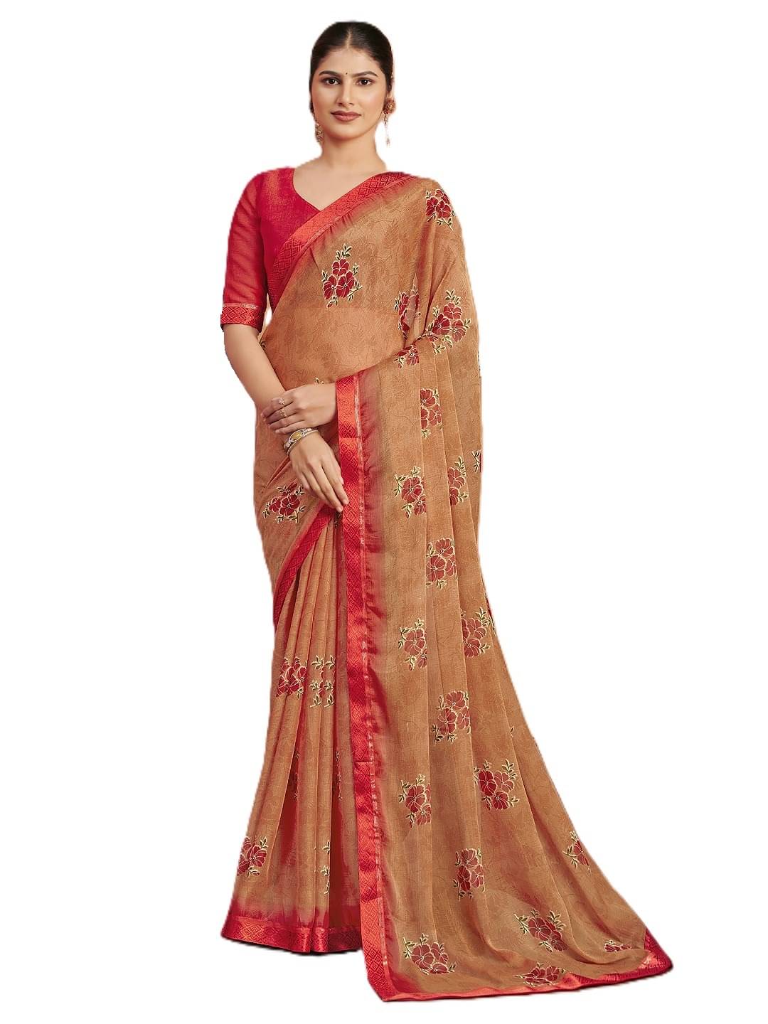     			PANZORA Chiffon Solid Regular Saree With Unstitched Blouse Piece ( Peach )