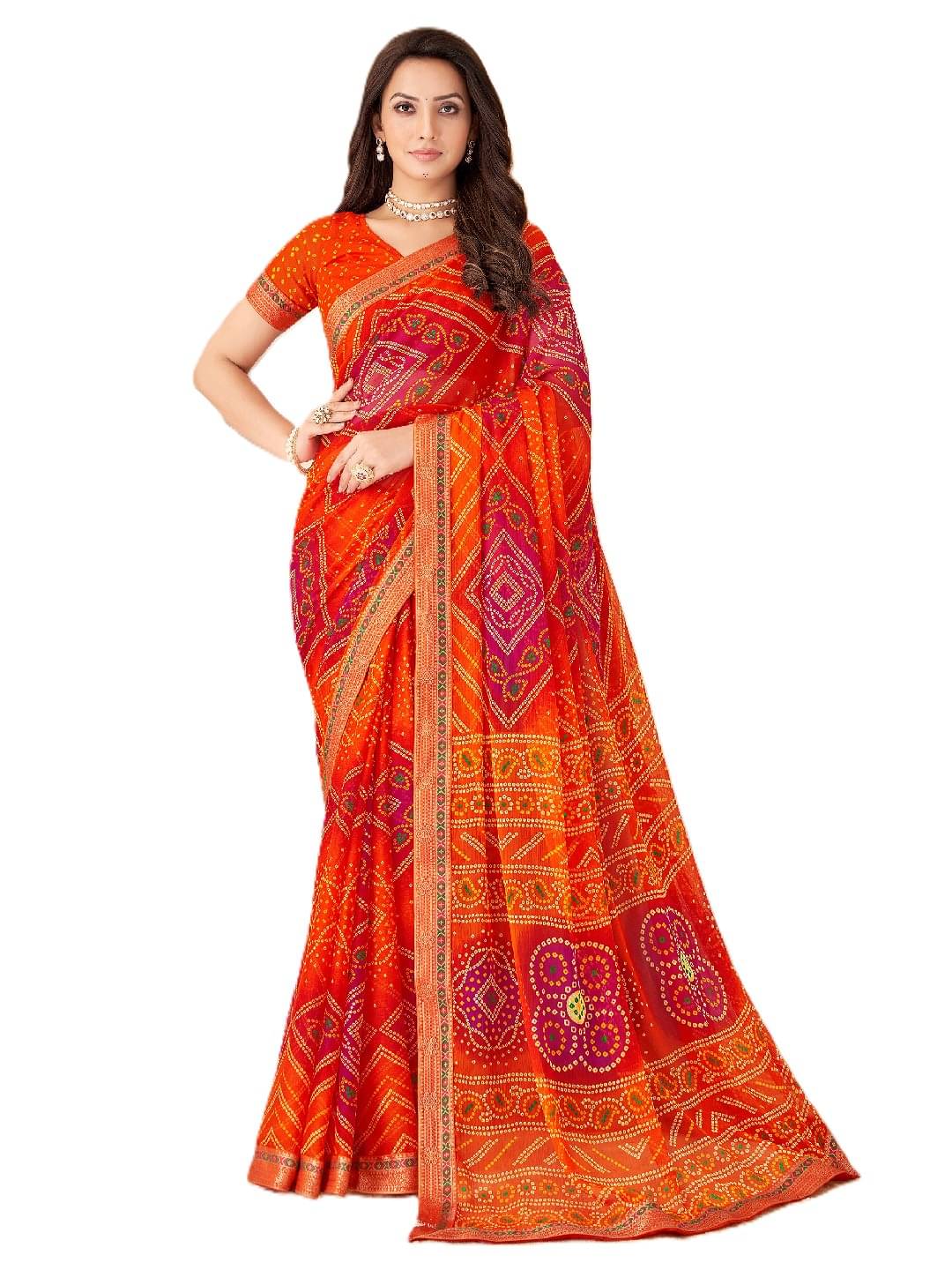 PANZORA Chiffon Solid Regular Saree With Unstitched Blouse Piece ( Orange ) PANZORA Chiffon Solid Regular Saree With Unstitched Blouse Piece ( Orange )