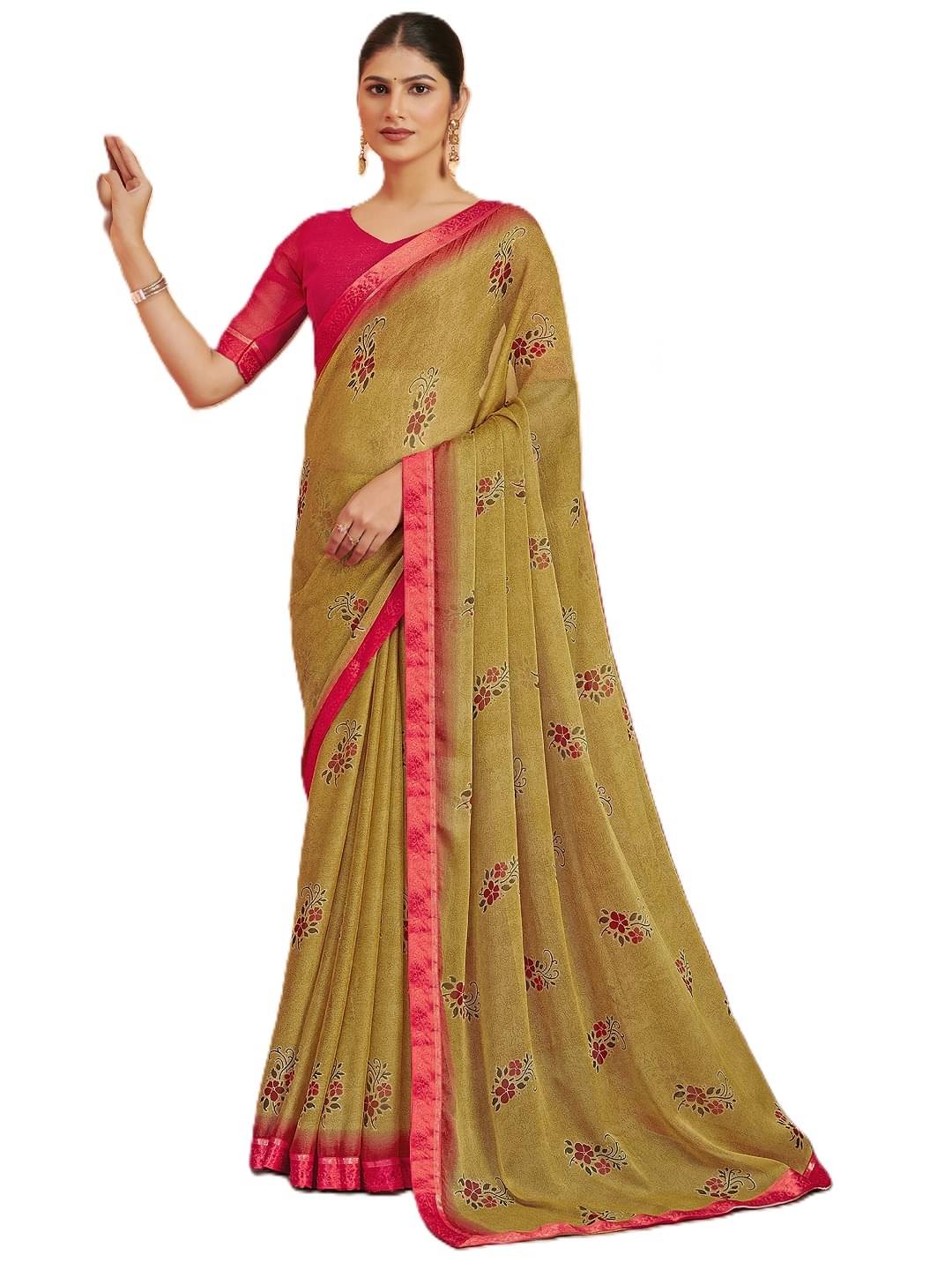PANZORA Chiffon Solid Regular Saree With Unstitched Blouse Piece ( Olive ) PANZORA Chiffon Solid Regular Saree With Unstitched Blouse Piece ( Olive )