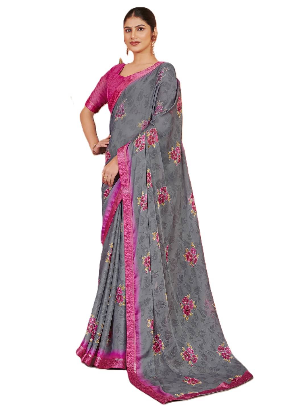     			PANZORA Chiffon Solid Regular Saree With Unstitched Blouse Piece ( Grey )