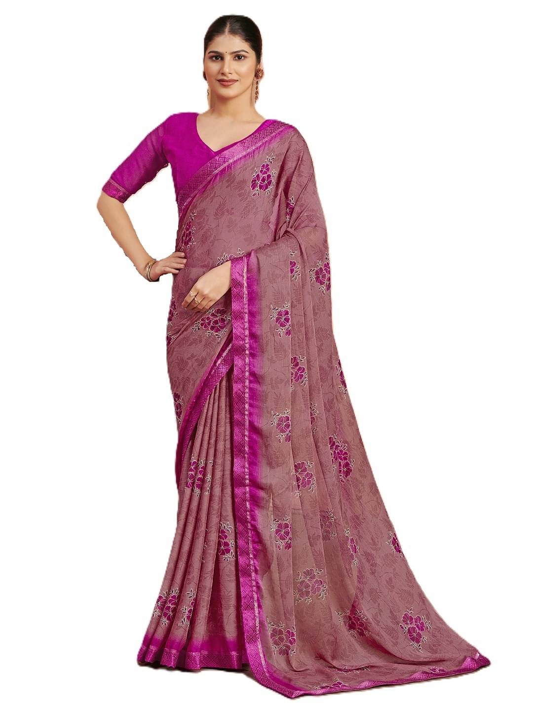     			PANZORA Chiffon Solid Regular Saree With Unstitched Blouse Piece ( Pink )
