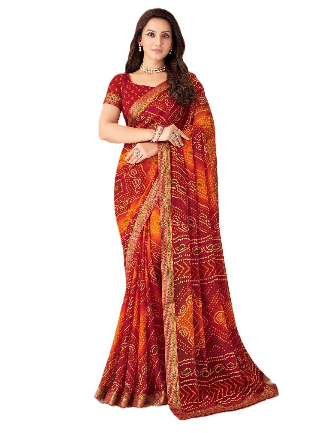 PANZORA Chiffon Solid Regular Saree With Unstitched Blouse Piece ( Rust ) PANZORA Chiffon Solid Regular Saree With Unstitched Blouse Piece ( Rust )