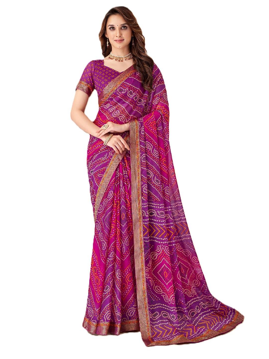 PANZORA Chiffon Solid Regular Saree With Unstitched Blouse Piece ( Purple )     			PANZORA Chiffon Solid Regular Saree With Unstitched Blouse Piece ( Purple )