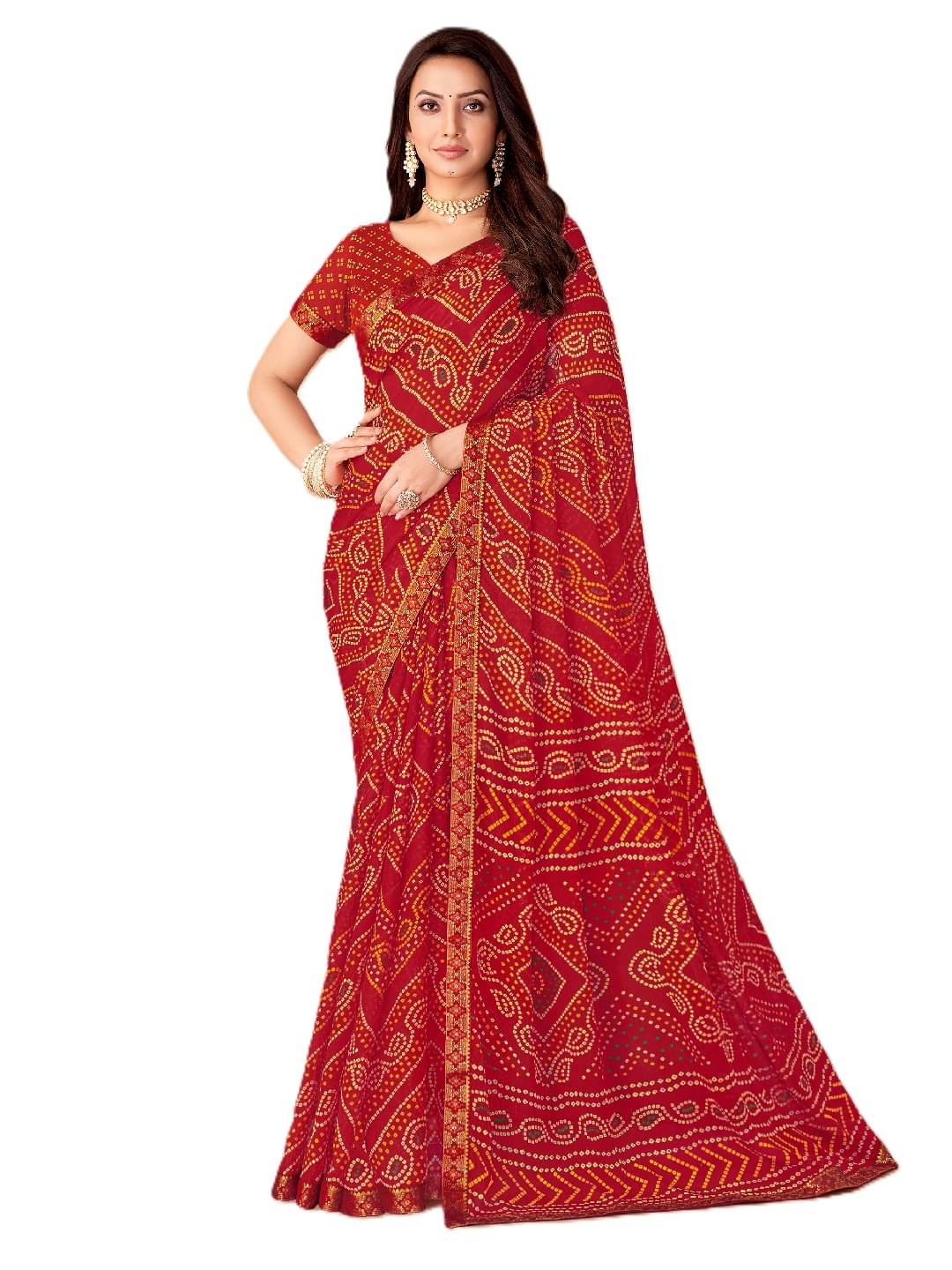     			PANZORA Chiffon Solid Regular Saree With Unstitched Blouse Piece ( Red )