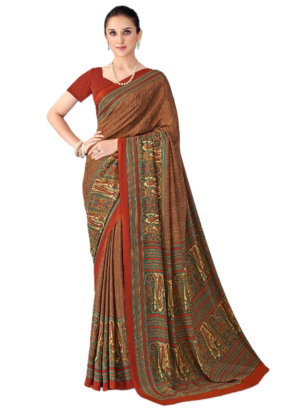     			PANZORA Crepe Solid Regular Saree With Unstitched Blouse Piece ( Brown )