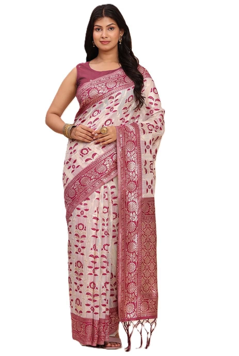 PANZORA Linen Solid Regular Saree With Unstitched Blouse Piece ( Purple ) PANZORA Linen Solid Regular Saree With Unstitched Blouse Piece ( Purple )