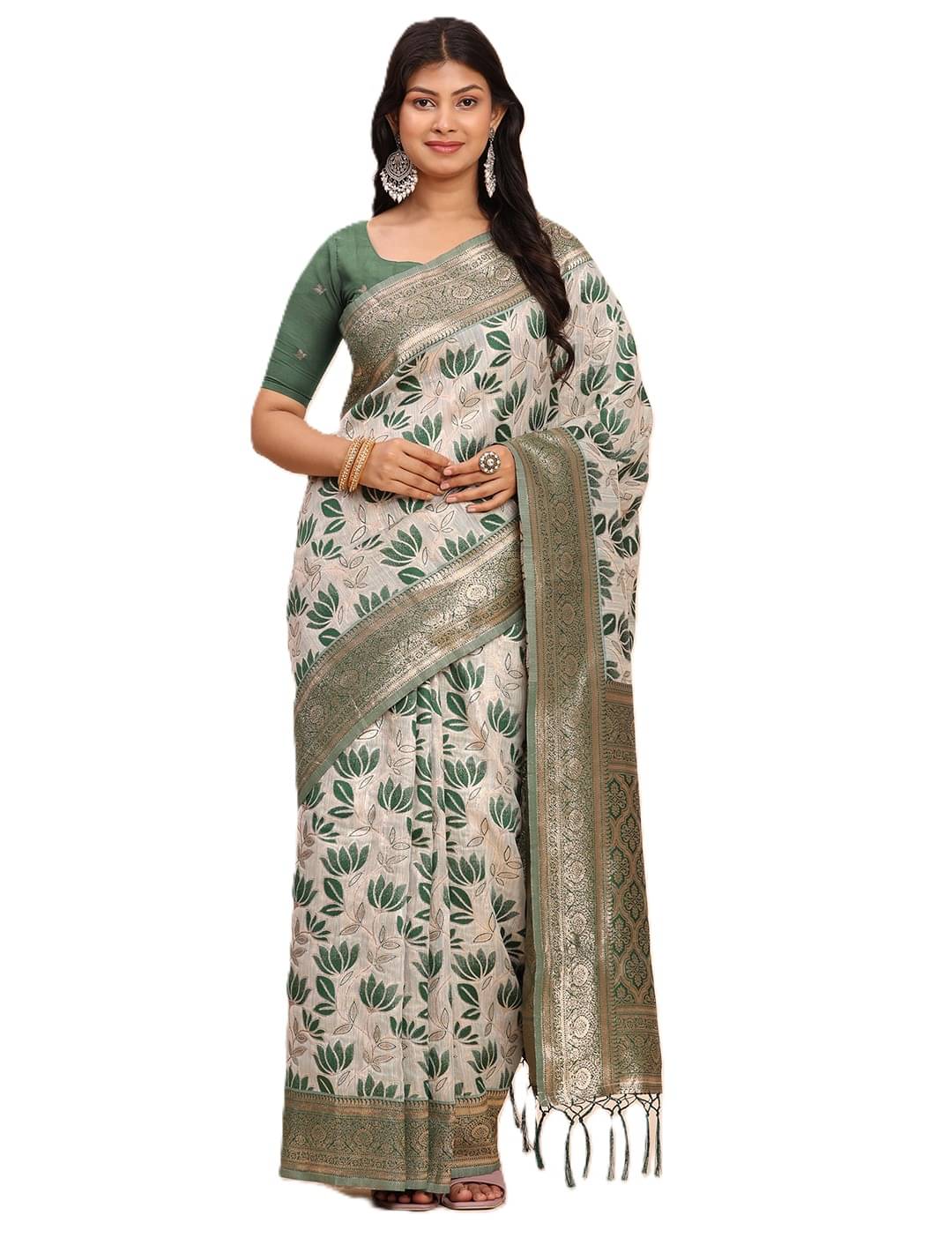 PANZORA Linen Solid Regular Saree With Unstitched Blouse Piece ( Green )     			PANZORA Linen Solid Regular Saree With Unstitched Blouse Piece ( Green )