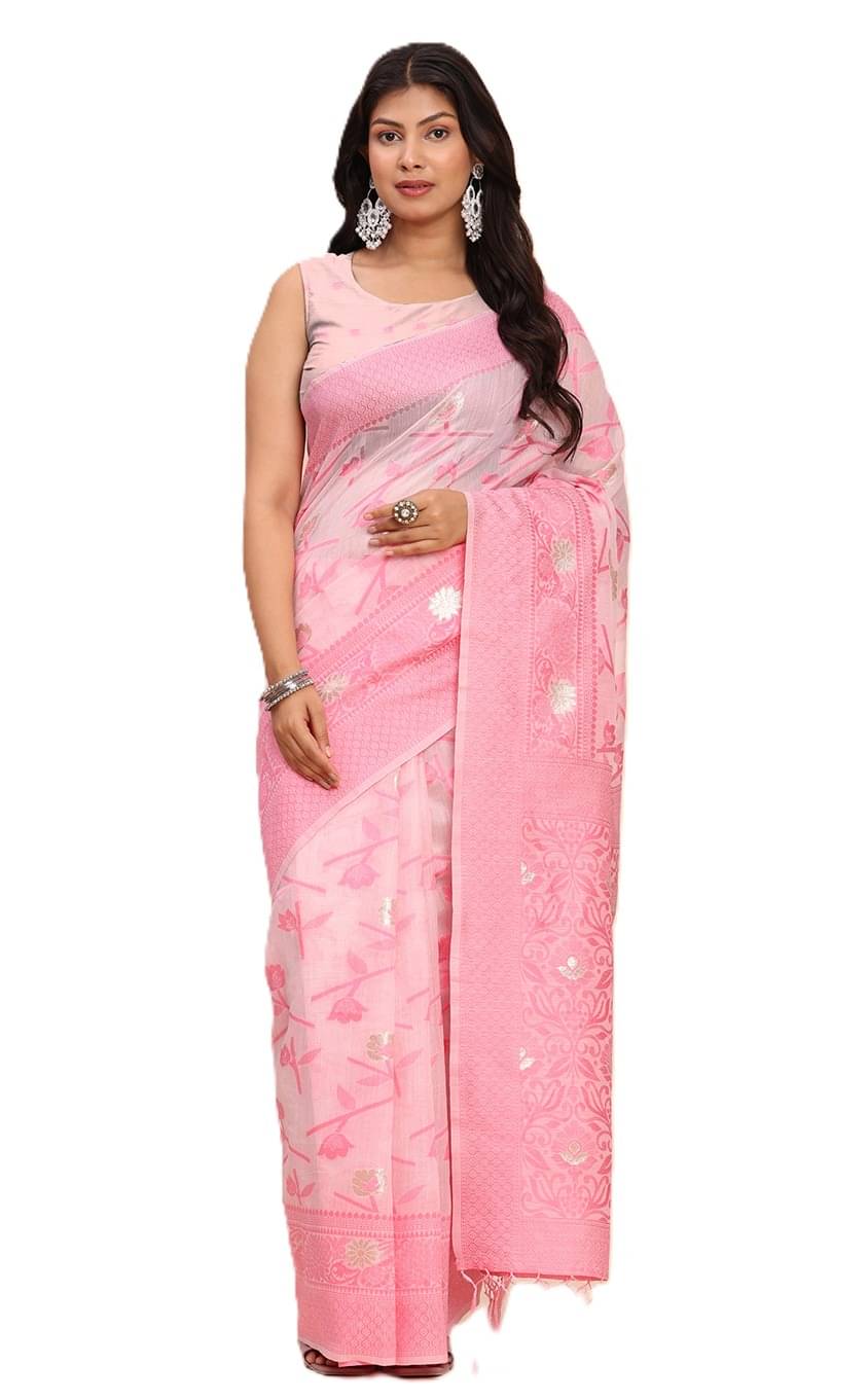     			PANZORA Linen Solid Regular Saree With Unstitched Blouse Piece ( Pink )